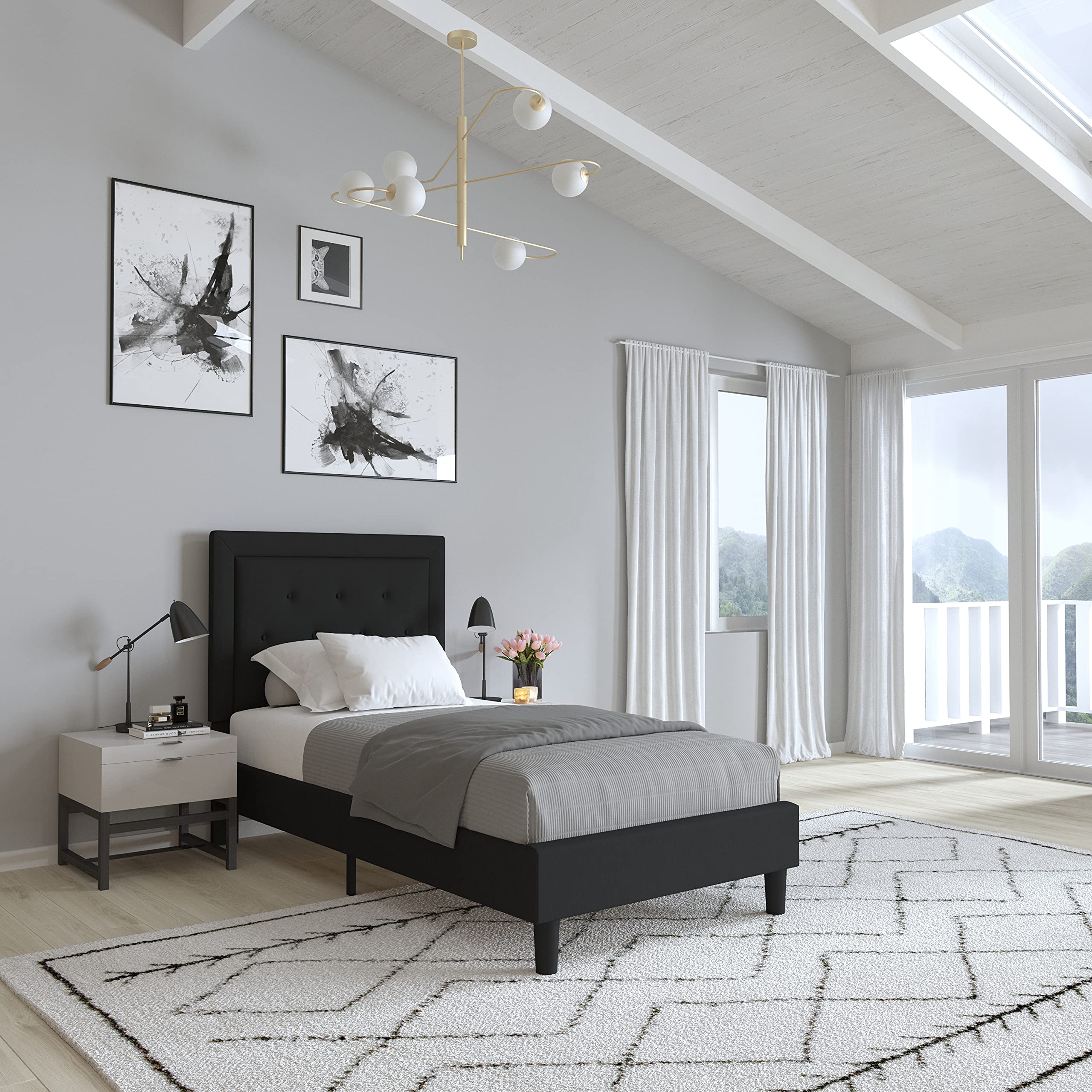 Merrick Lane Mallory Twin Size Platform Bed - Tufted Upholstered Bed Frame with Black Fabric - Perfect for Small Bedrooms, Guest Rooms & Dorm Decor