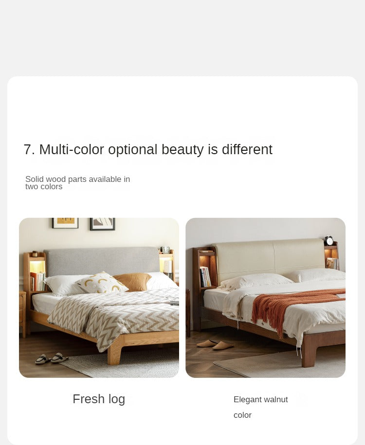 Solid Oak Wood Luminous Bed with Shelf - Genuine Leather & Technical Fabric Headboard - Modern Bedroom Furniture for Master Bedroom, Guest Room, or Dorm