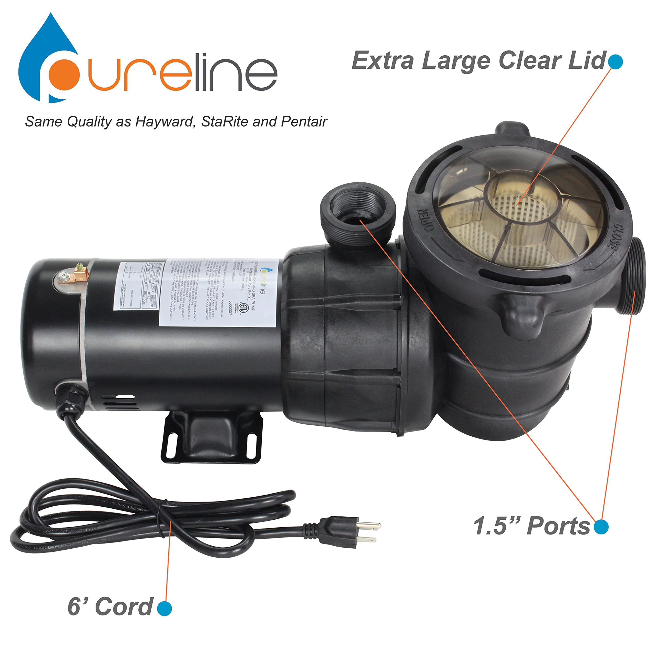 Pureline Pure Pro XL 1.5 HP Single Speed Above Ground Pool Pump PL1502 - Perfect for Backyard Swimming Pools, Inground Pool Maintenance & Water Circulation