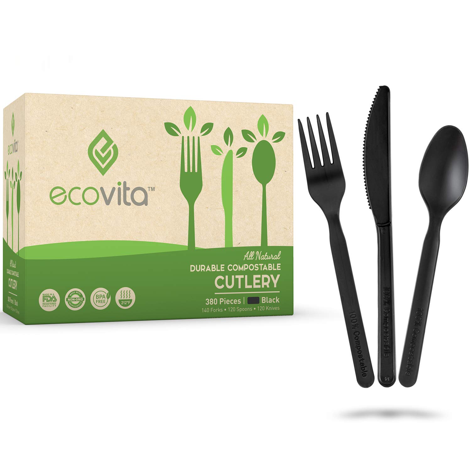 Eco-Friendly 100% Compostable Cutlery Set - 380 Large Disposable Forks, Spoons & Knives (7 Inch) | Durable, Heat-Resistant Biodegradable Utensils | Perfect for Parties, Picnics, BBQs & Zero-Waste Living