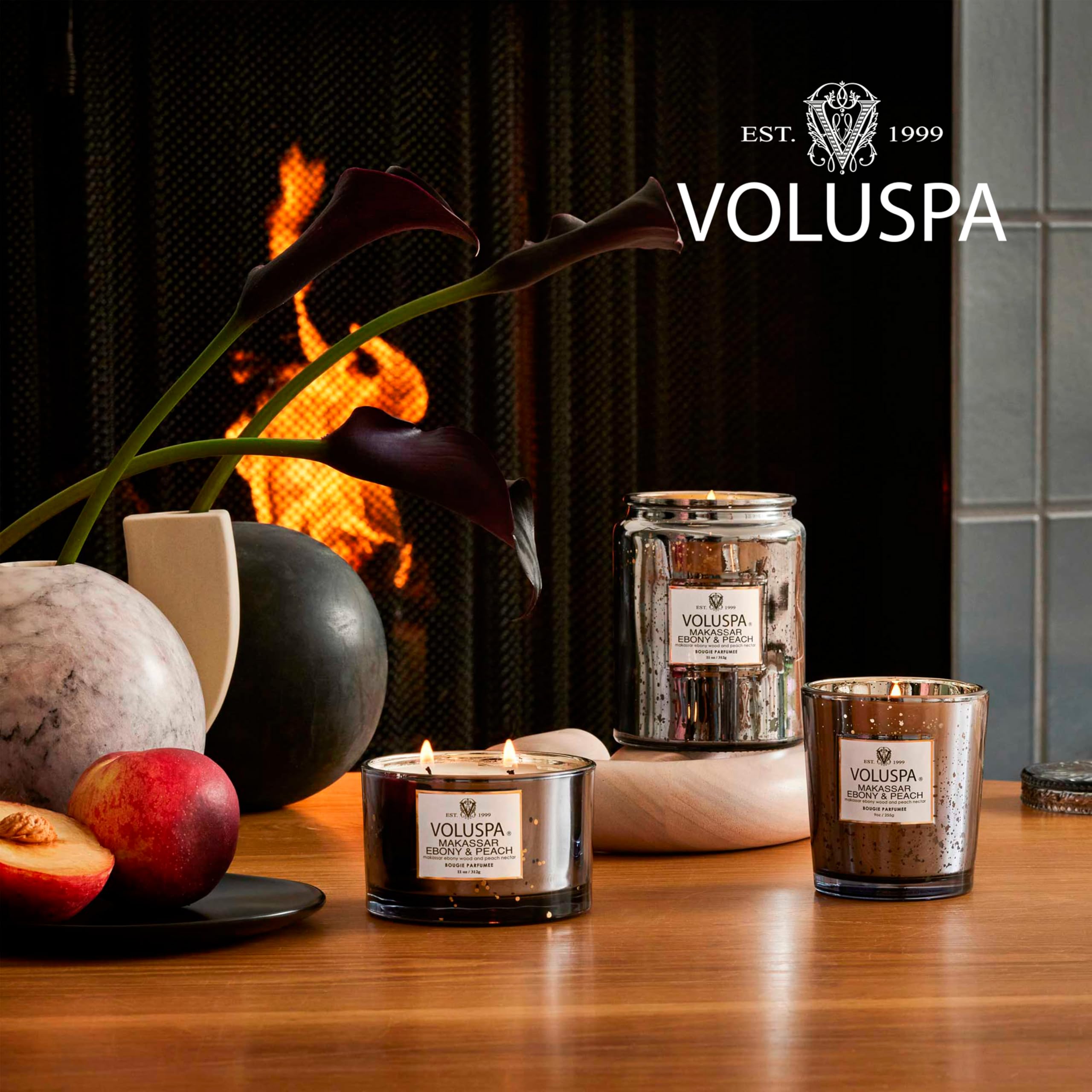 Voluspa Makassar Ebony & Peach Scented Candle - 5.5 oz Coconut Wax Jar Candle, 50 Hour Burn Time, Handcrafted in USA - Perfect for Home Decor, Relaxation & Aromatherapy