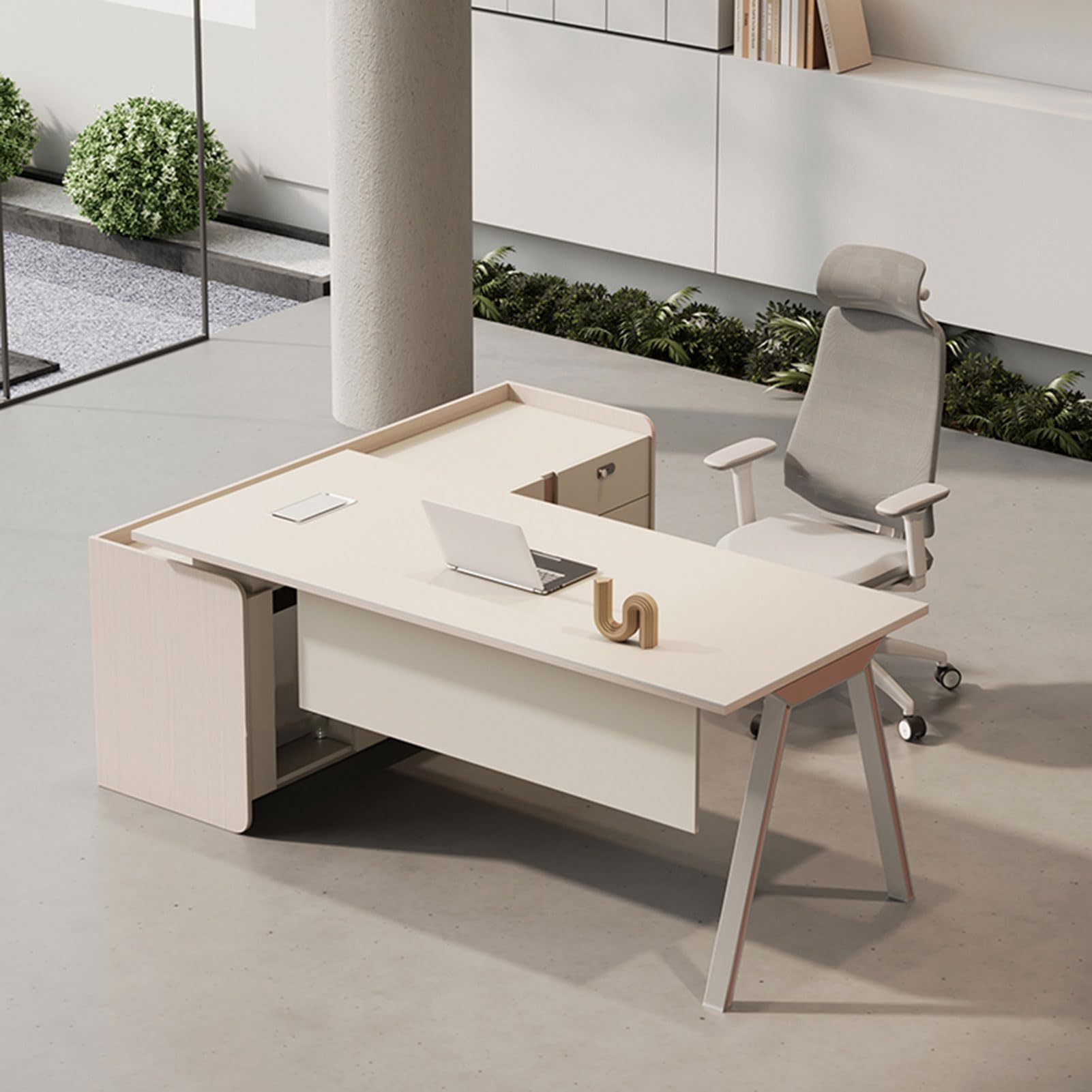 OUDINI L-Shaped Computer Desk with Monitor Stand - Modern Corner Office Desk with Drawers, File Cabinet & Shelves - Executive Writing Workstation for Home Office, Gaming & Study