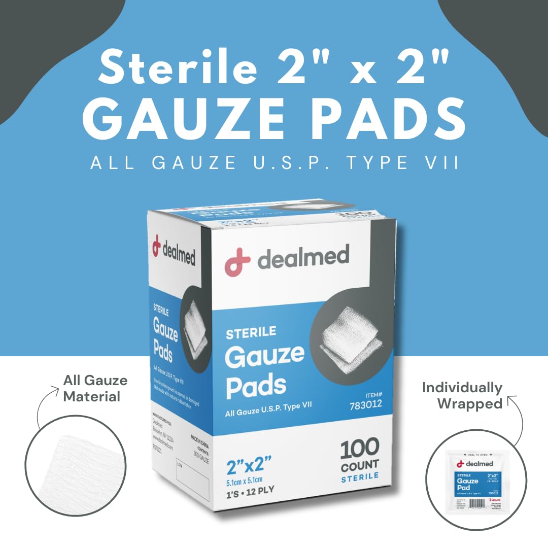 Dealmed Sterile Gauze Pads 2x2 Inches (100 Count) - Individually Wrapped Disposable Medical Wound Dressing for First Aid, Burns, Cuts & Surgical Care - Perfect for Home Kits, Hospitals & Emergency Preparedness (24-Pack Case)