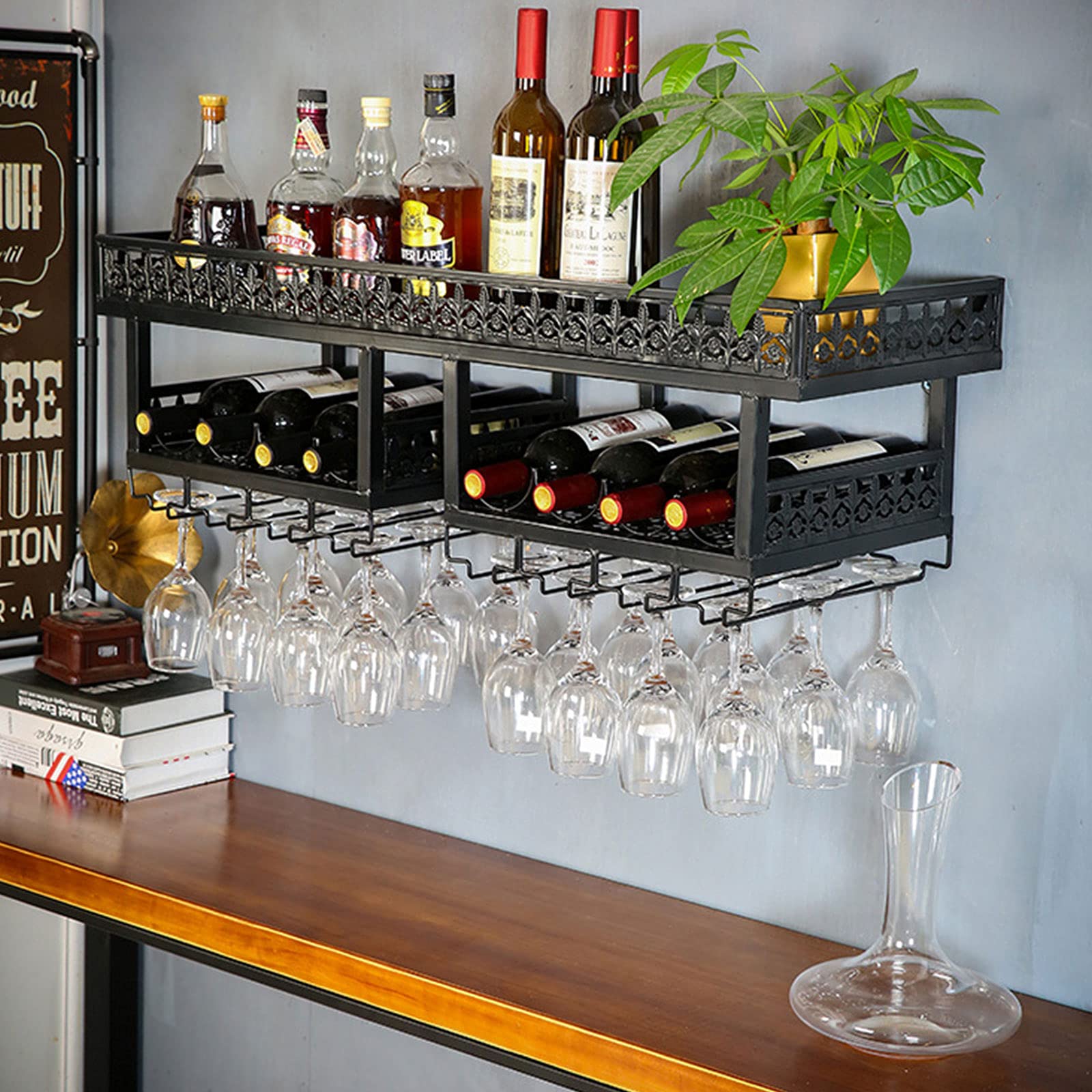CNCEST Industrial Wall-Mounted Wine Rack - Black Double Layer Storage Shelf for Wine Glasses (100x30x30cm) - Multi-Functional Display Organizer for Living Room, Bedroom, Kitchen & Restaurant Bar Decor