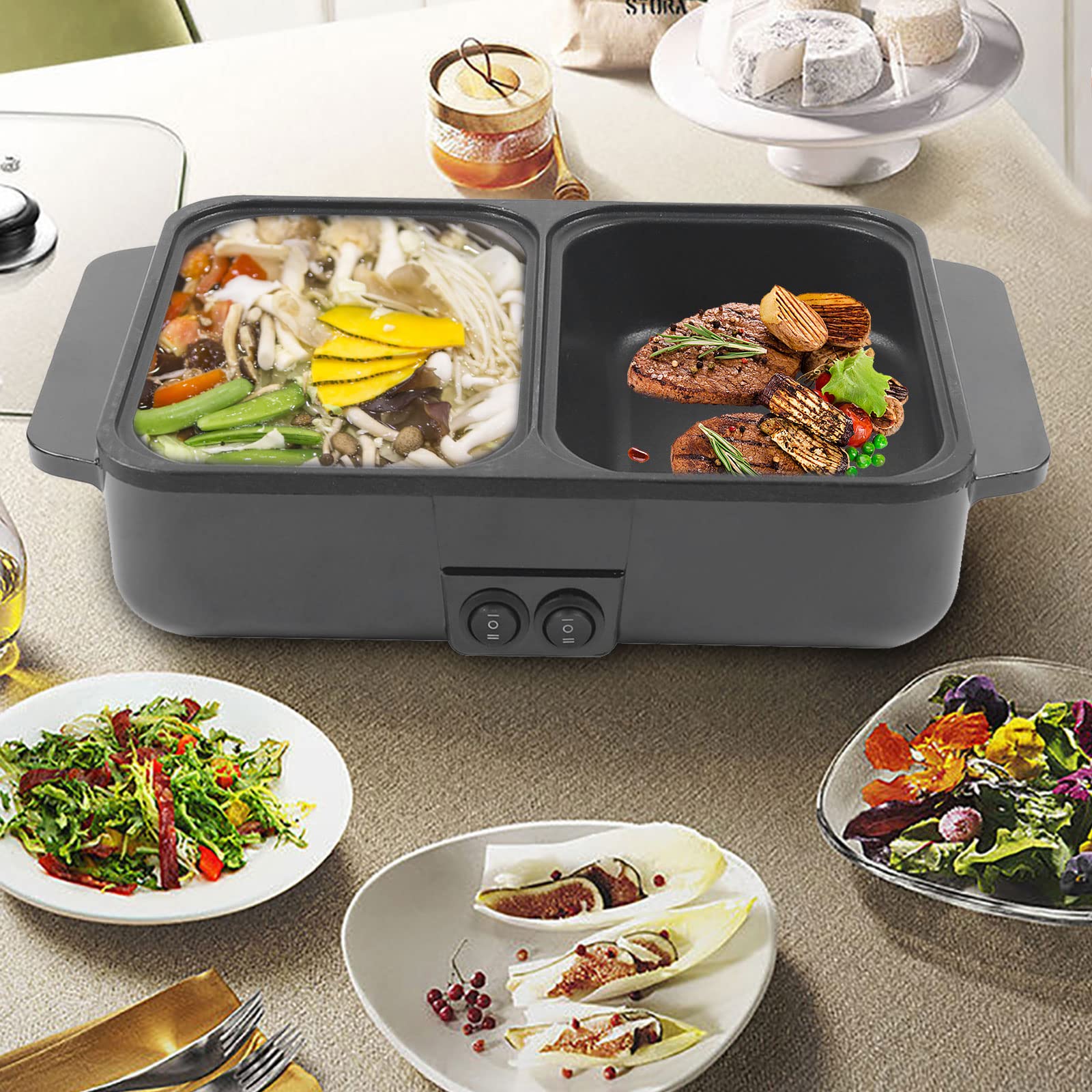 2-in-1 Electric Hot Pot & Grill - Non-Stick Indoor Smokeless Korean BBQ with Independent Temperature Control, Portable Multi-Cooker for 1-2 People (Black) | Perfect for Dorm Rooms, Small Apartments & Camping Trips