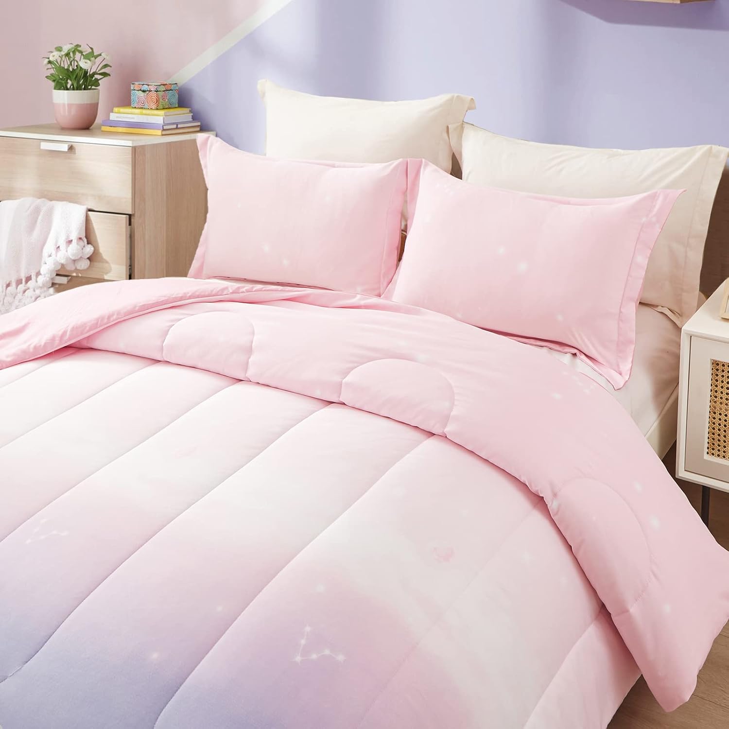 Ombre Pink Purple Rainbow 3-Piece Girls Comforter Set - Queen Size Bedding Collection for Teen Girls Room Decor & Cozy Sleep