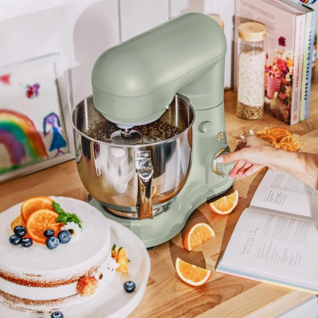 **Drew Barrymore 5.3 Qt Stand Mixer with Tilt-Head - Lightweight, Powerful 300W Motor, 12 Speed Settings - Includes Beater, Whisk, Dough Hook & Splash Guard - Perfect for Baking Cakes, Cookies & Bread (Sage Green)**