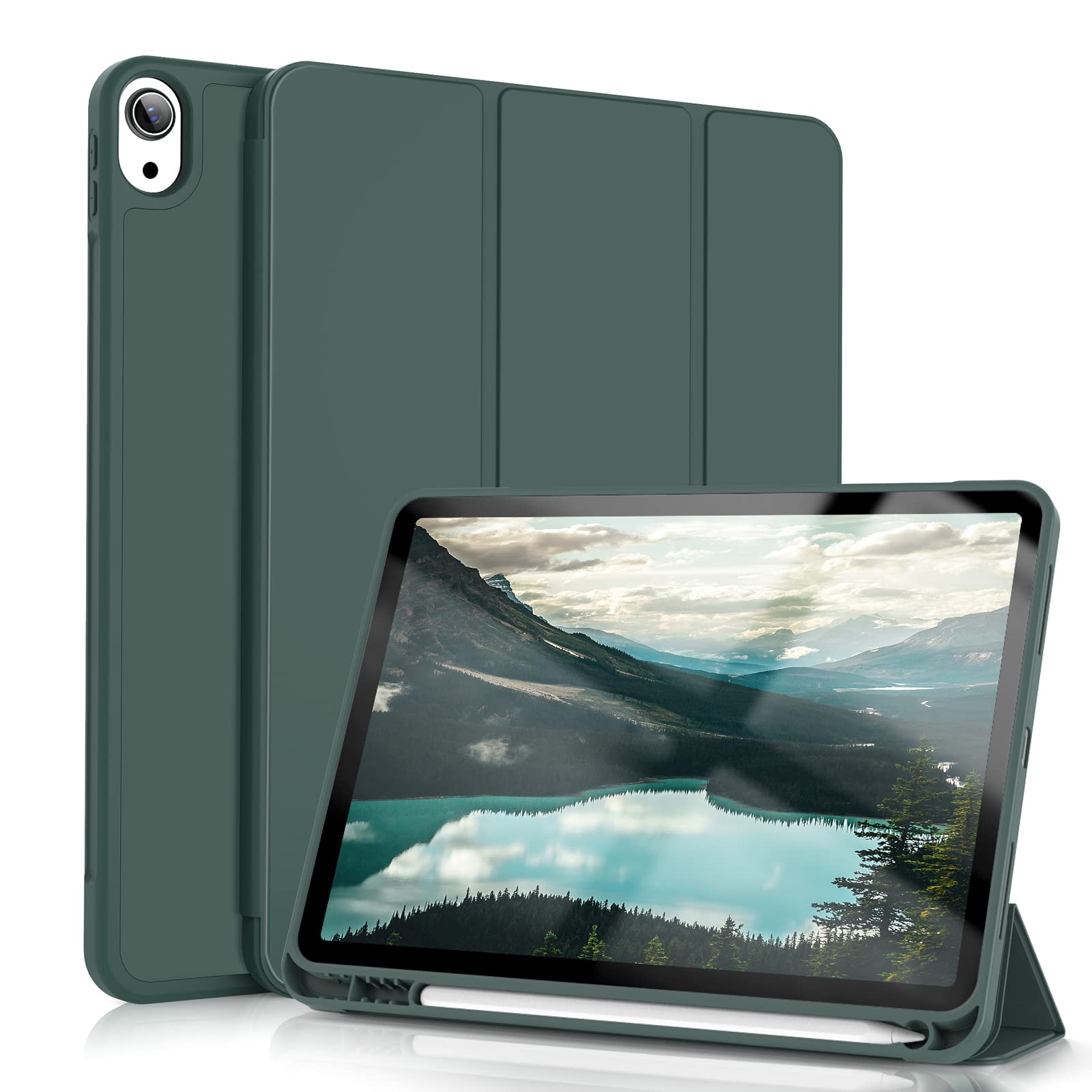 Premium Slim Trifold Stand Case for iPad Air 5th Gen (2022) & iPad Air 4th Gen (2020) 10.9 Inch - Auto Sleep/Wake Feature, Pencil Holder & Soft TPU Back Cover - Dark Green - Perfect for Work, Study & Travel Protection