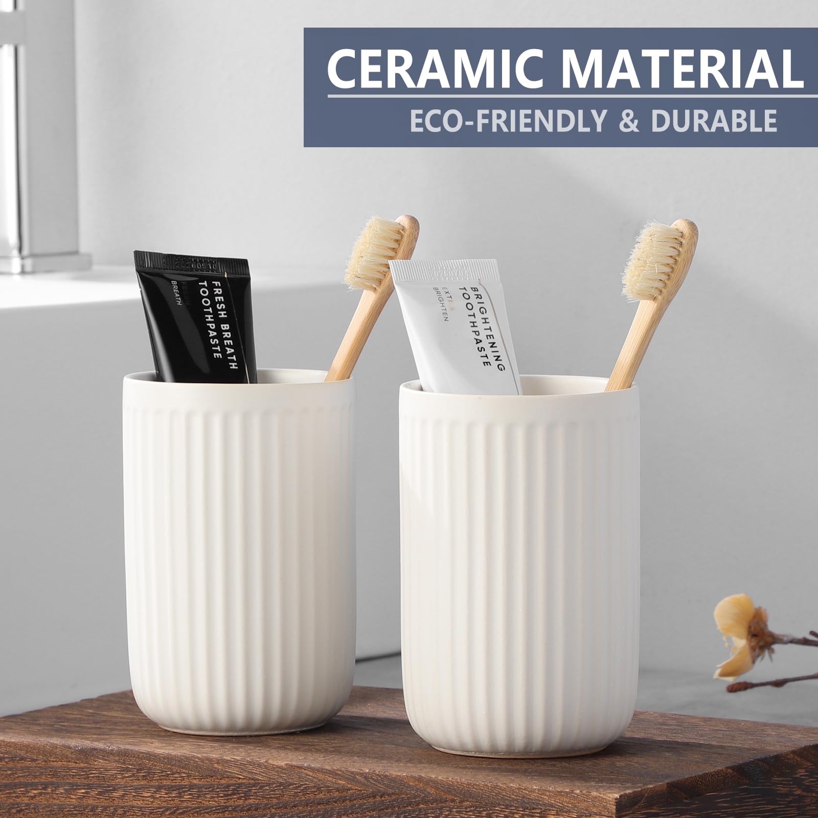 White Ceramic Toothbrush Holders Set of 2 - Bathroom Counter Organizer with Toothpaste & Mouthwash Cup | Durable Reusable Toothbrush Storage for Modern Bathrooms, Sink Vanity & Guest Bath Organization