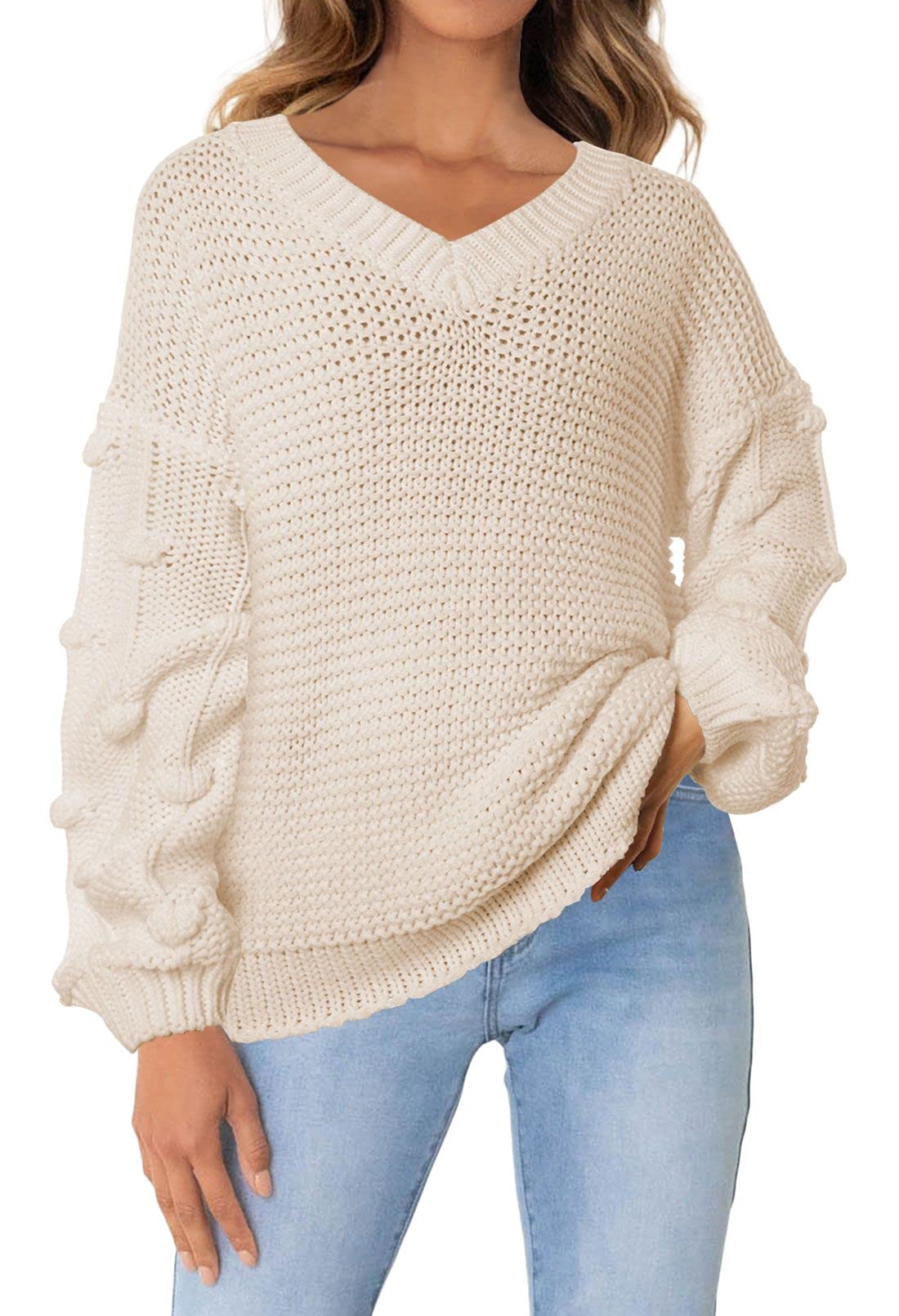 TOLENY Women's Oversized V-Neck Waffle Knit Pullover Sweater with Pom Pom Sleeves - Cozy Loose Fit Long Sleeve Top for Fall & Winter, Casual Outfits, Office Wear and Date Nights