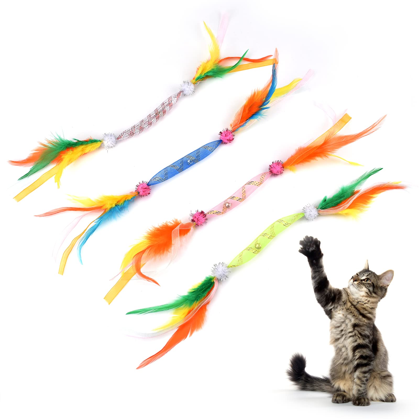 TUSATIY 4-Pack Cat Feather Toys with Bell - Colorful Interactive Cat Teaser, Spring & Ribbon Toys for Indoor Cats & Kittens - Perfect for Biting, Hunting & Playtime - Great for Exercise & Bonding with Your Feline Friend