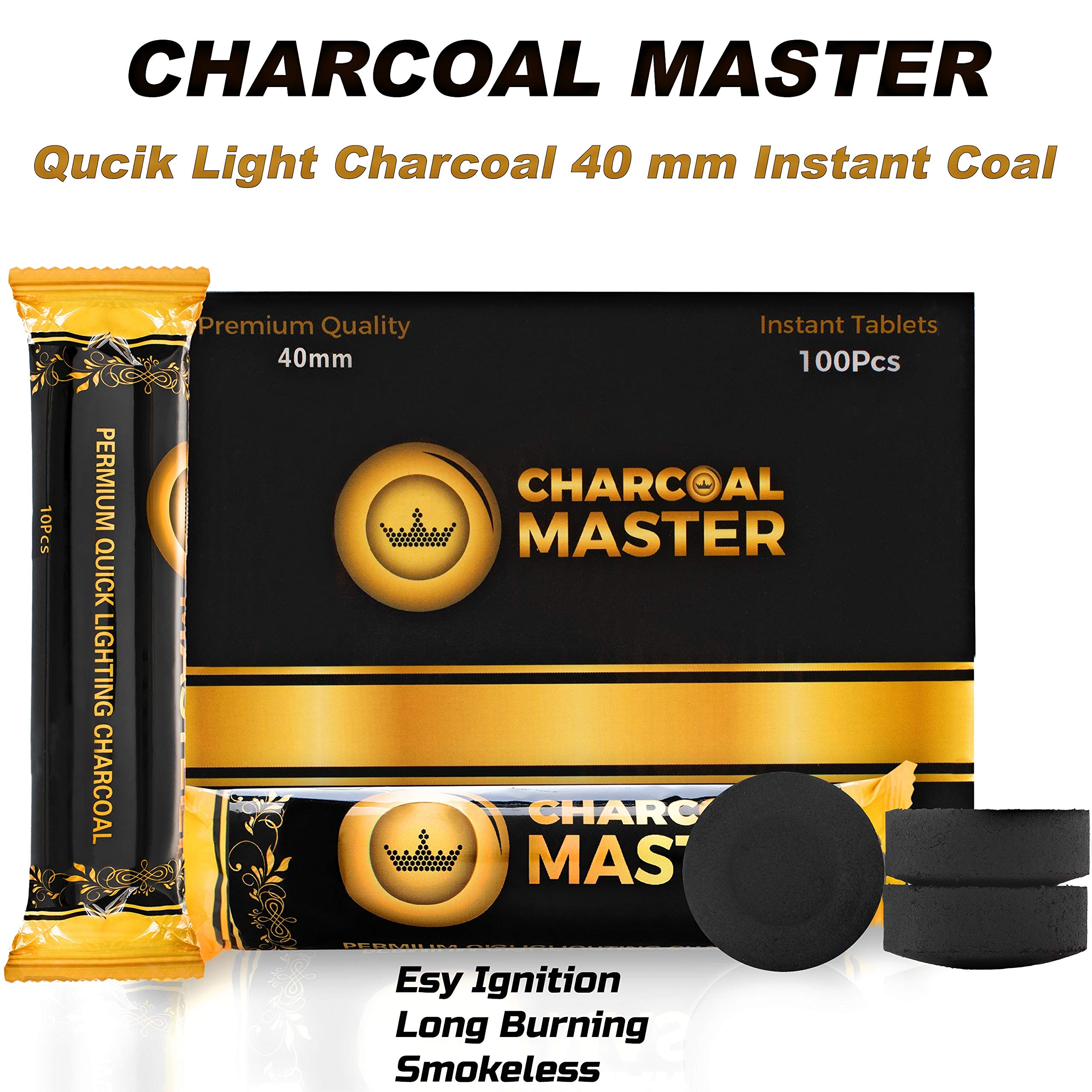 Instant Light Charcoal Disks - 100 Pack of 40mm Quick Lighting Coal Briquettes for Hookah, Incense & BBQ - Slow Burning Low Smoke Natural Charcoal Tablets - Perfect for Home Use, Outdoor Cooking & Relaxation