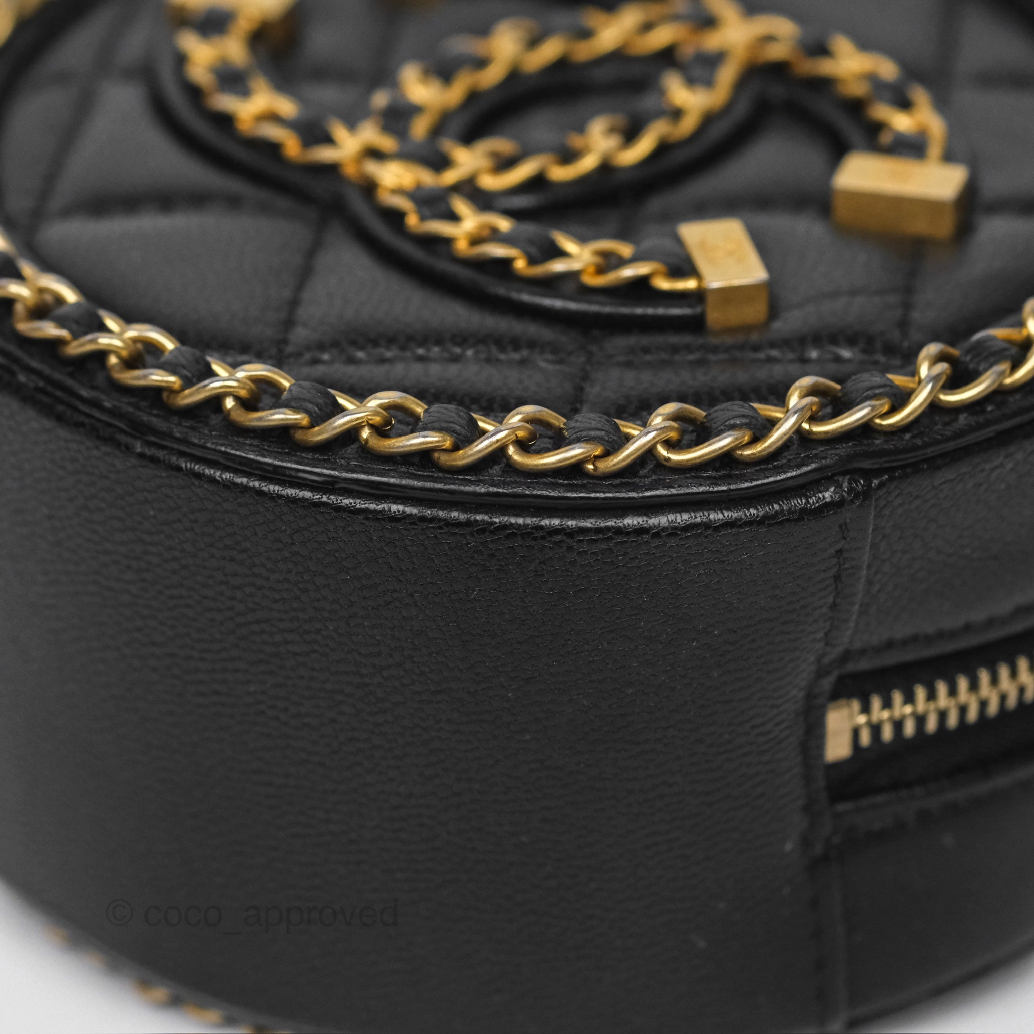 Chanel Black Lambskin Chained Round Filigree Clutch with Gold Hardware - Elegant Evening Bag for Parties, Weddings & Special Occasions