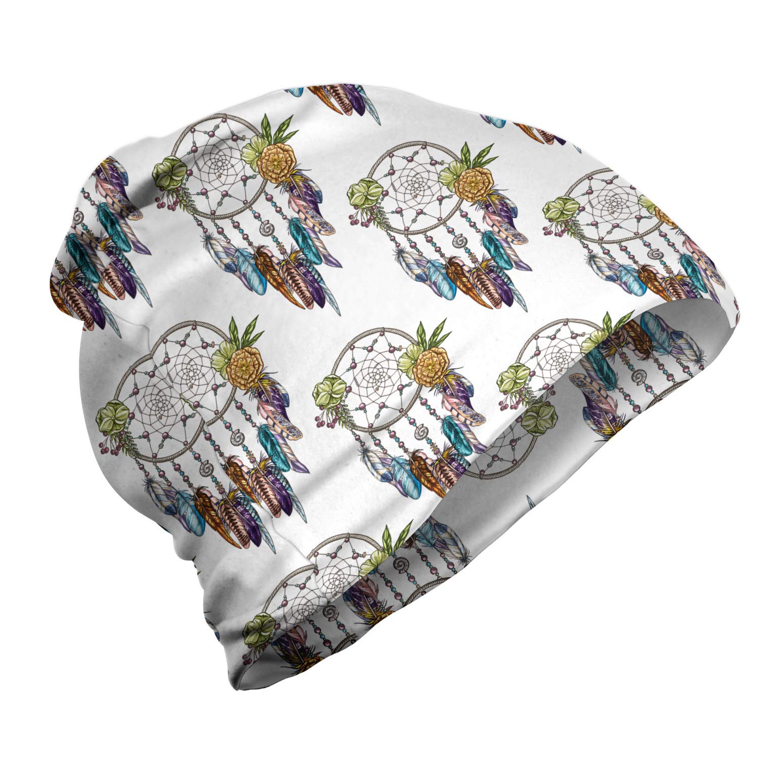 Ambesonne Unisex Winter Beanie Hat - Mesh Loop Feather Design, Warm Knit Skull Cap for Hiking, Camping & Outdoor Activities | Multicolor Fashion Accessory for Men & Women