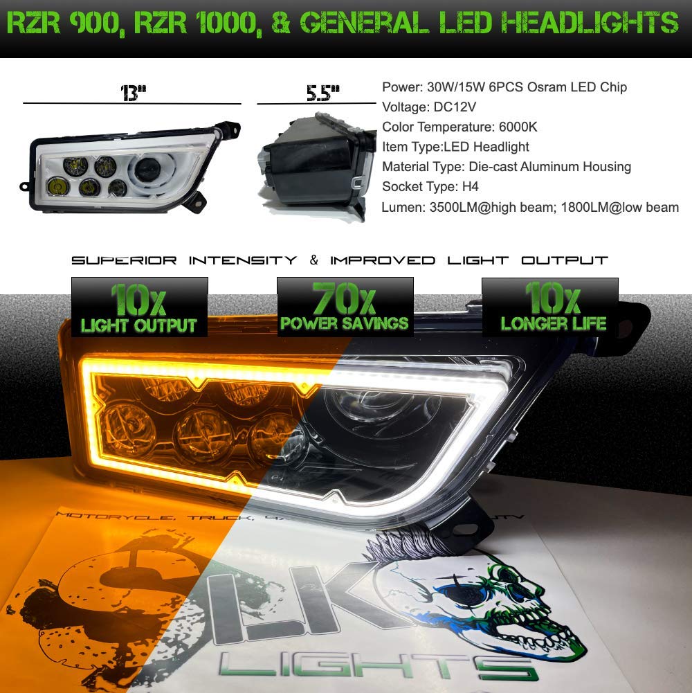 SLK-Lights WHITE RZR LED Headlight Bulbs - Compatible with Polaris RZR 2015-2021 Models - Dual Color SwitchBack Halo (White/Amber) - High Performance Off-Road Lighting for Night Trail Riding & Desert Adventures