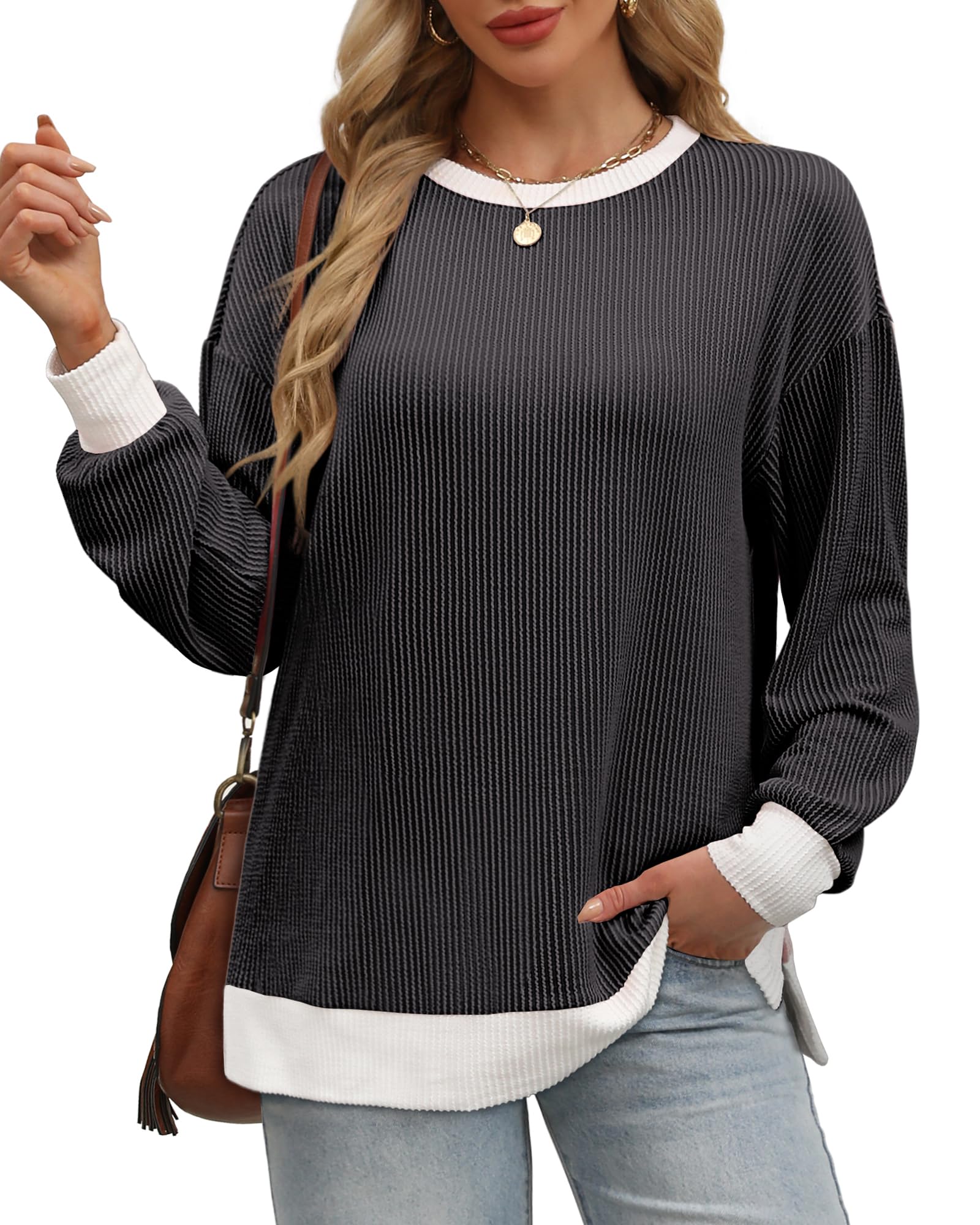 OFEEFAN Women's Lightweight Ribbed Knit Long Sleeve Crewneck Sweatshirt - Fall Fashion Layering Essential for Casual Outfits, Workwear & Cozy Home Wear