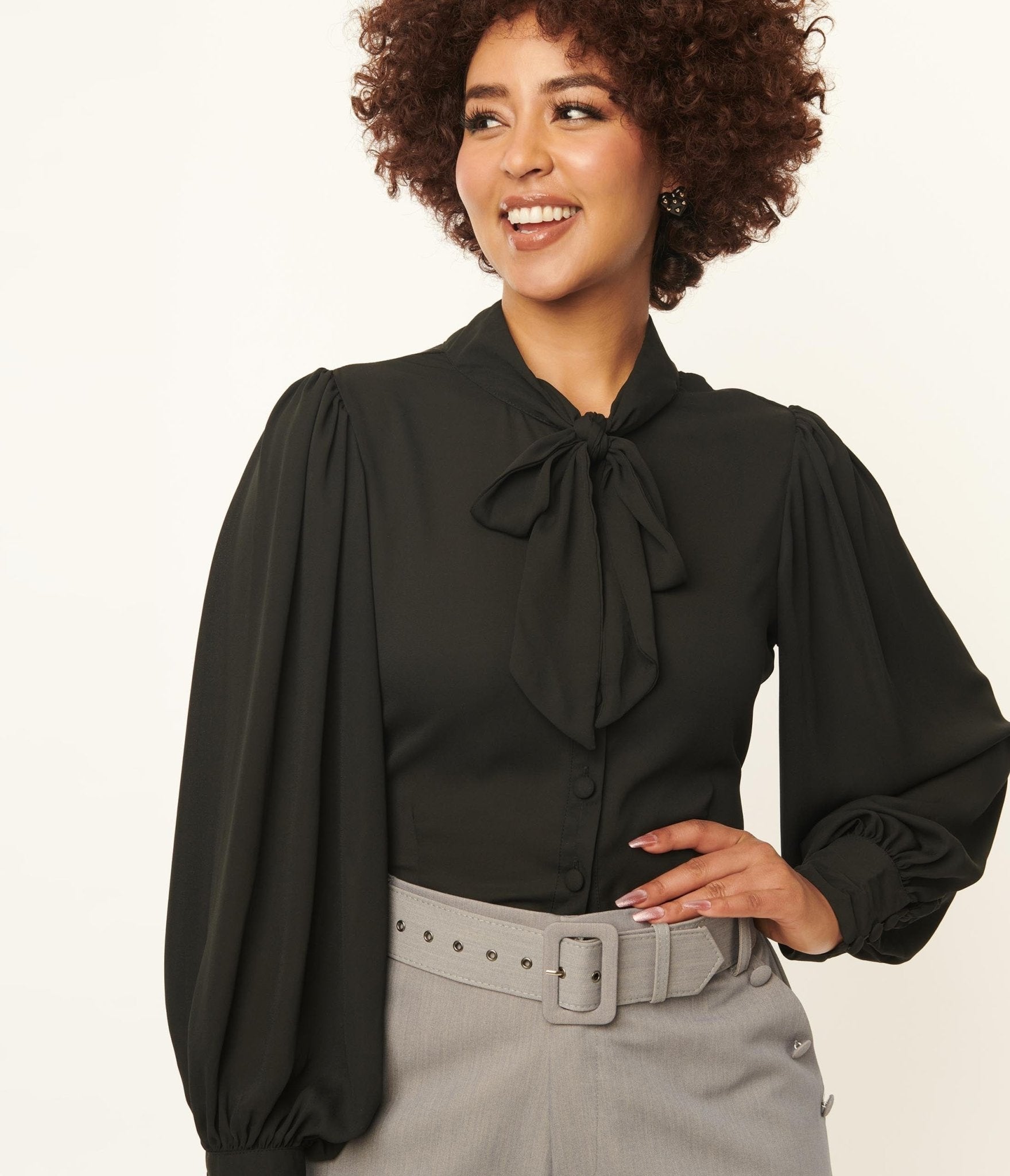 Unique Vintage 1940s Black Neck Tie Gwen Blouse - Retro 40s Style Women's Top for Office, Cocktail Parties & Vintage Fashion Lovers