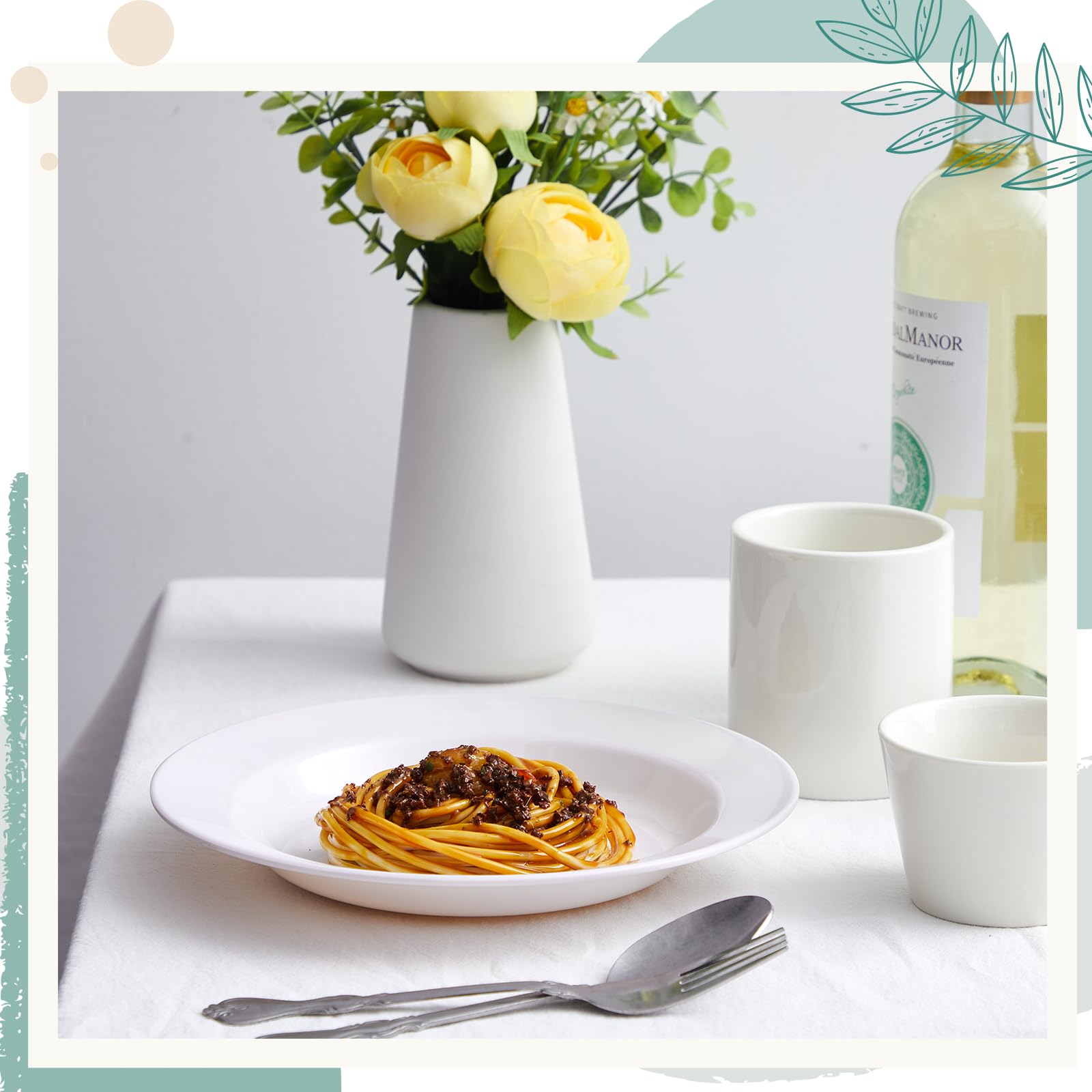 12-Piece 14 oz Pasta Bowls Set - 9 Inch Wide Rim Deep Soup & Salad Plates - White Durable Dinnerware - Microwave, Dishwasher & Fridge Safe - Perfect for Family Meals, Entertaining & Gift Giving