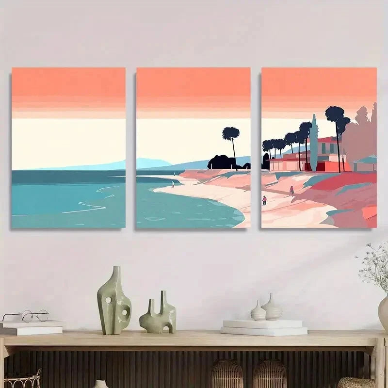 3-Piece Abstract Coastal Landscape Metal Wall Art with Vibrant Sky - Ready to Hang Home Decor for Living Room, Bedroom & Office