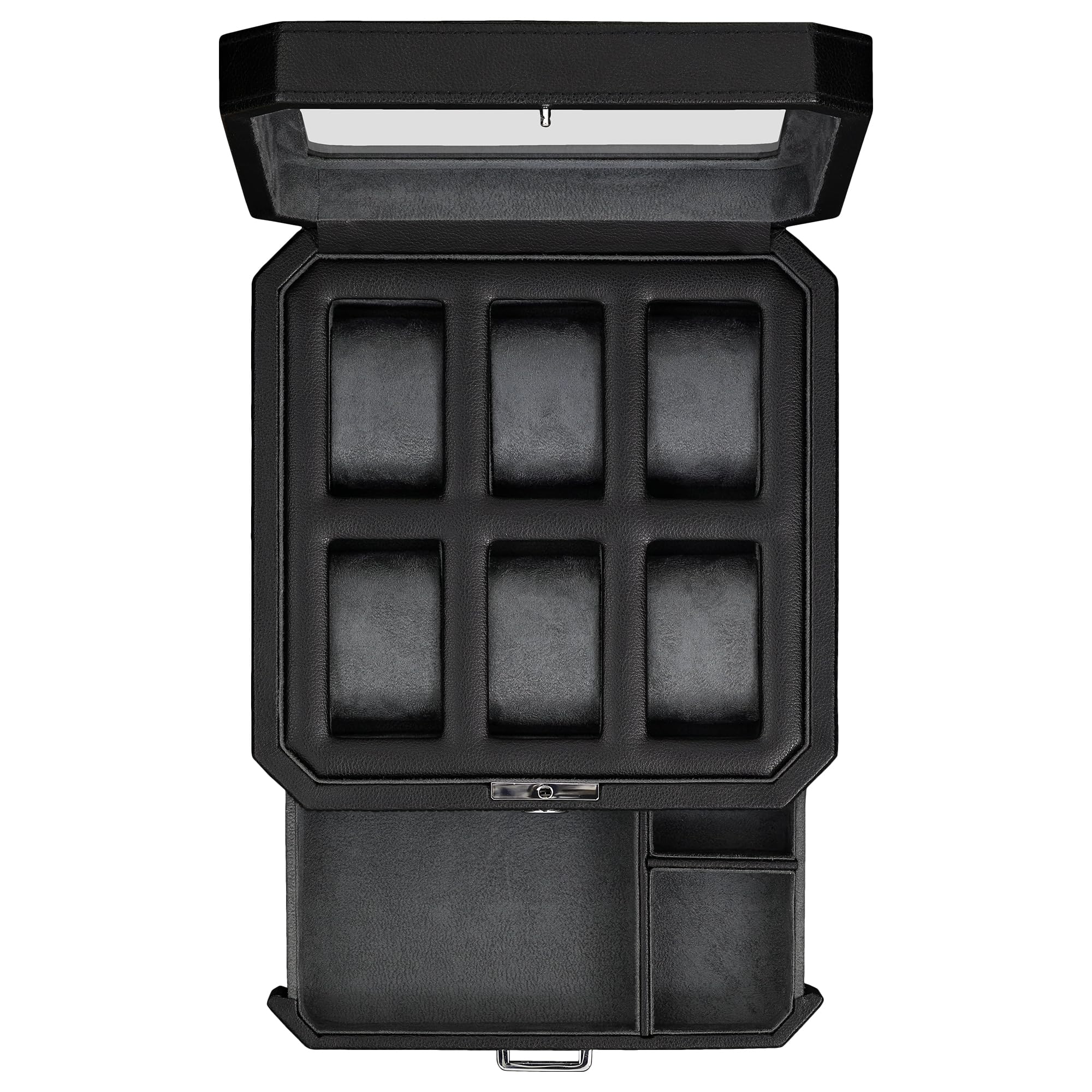 Premium ROTHWELL 6-Slot Leather Watch Box with Valet Drawer - Luxury Watch Case Organizer with Microsuede Lining & Locking Mechanism - Men's Jewelry Storage Box with Large Glass Top (Black/Grey) - Perfect for Watch Collectors, Travel & Home Display