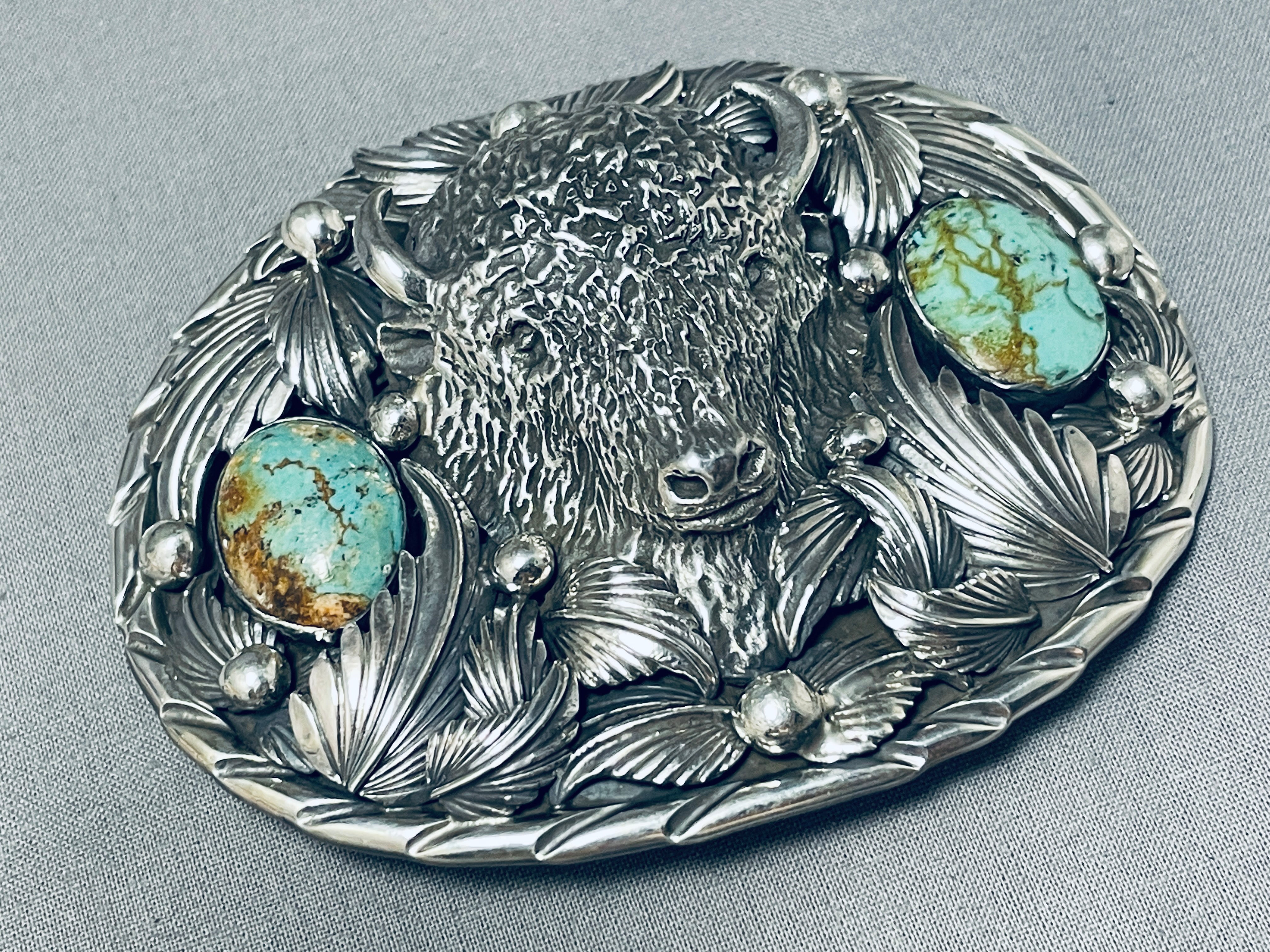 Authentic 166g Buffalo Head Native American Turquoise Sterling Silver Belt Buckle - Handcrafted Jewelry for Western Fashion & Native American Style Accessories