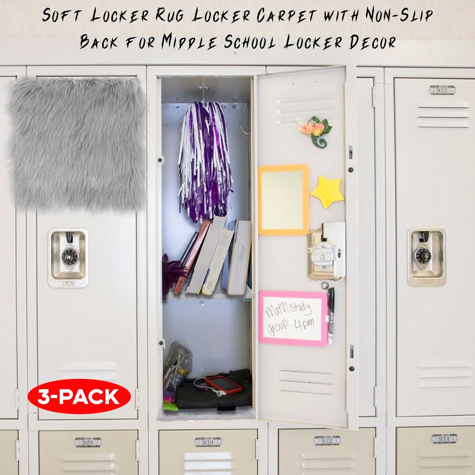 3-Pack 12x12 Inch Square Plush Fluffy Locker Rugs - Soft Non-Slip Mini Carpet for Middle School Lockers, Jewelry Display & Nail Photography - Perfect for Locker Decor, Dorm Room & Photo Backdrop (White)