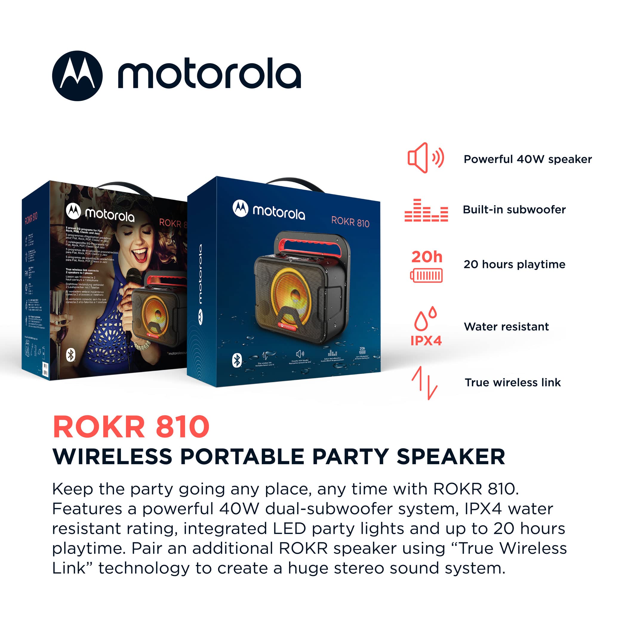 Motorola ROKR 810 40W Portable Bluetooth Speaker with Built-in Subwoofer, IPX4 Waterproof, LED Lights & Mic - Wireless Speaker for Smartphones, Parties, Outdoor & Home Use - Crystal Clear Bass Sound