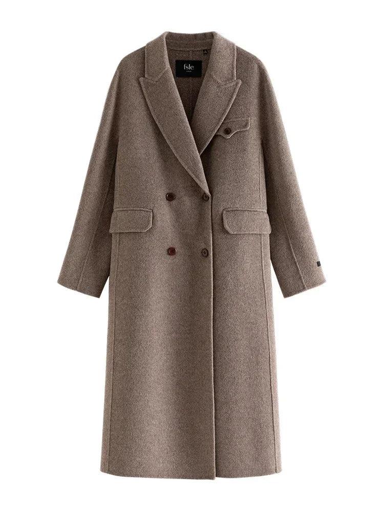 Women's Winter Double Sided 100% Wool Long Coat - Commuter Style Solid Color Warm Trench Coat for Office, Travel & Cold Weather