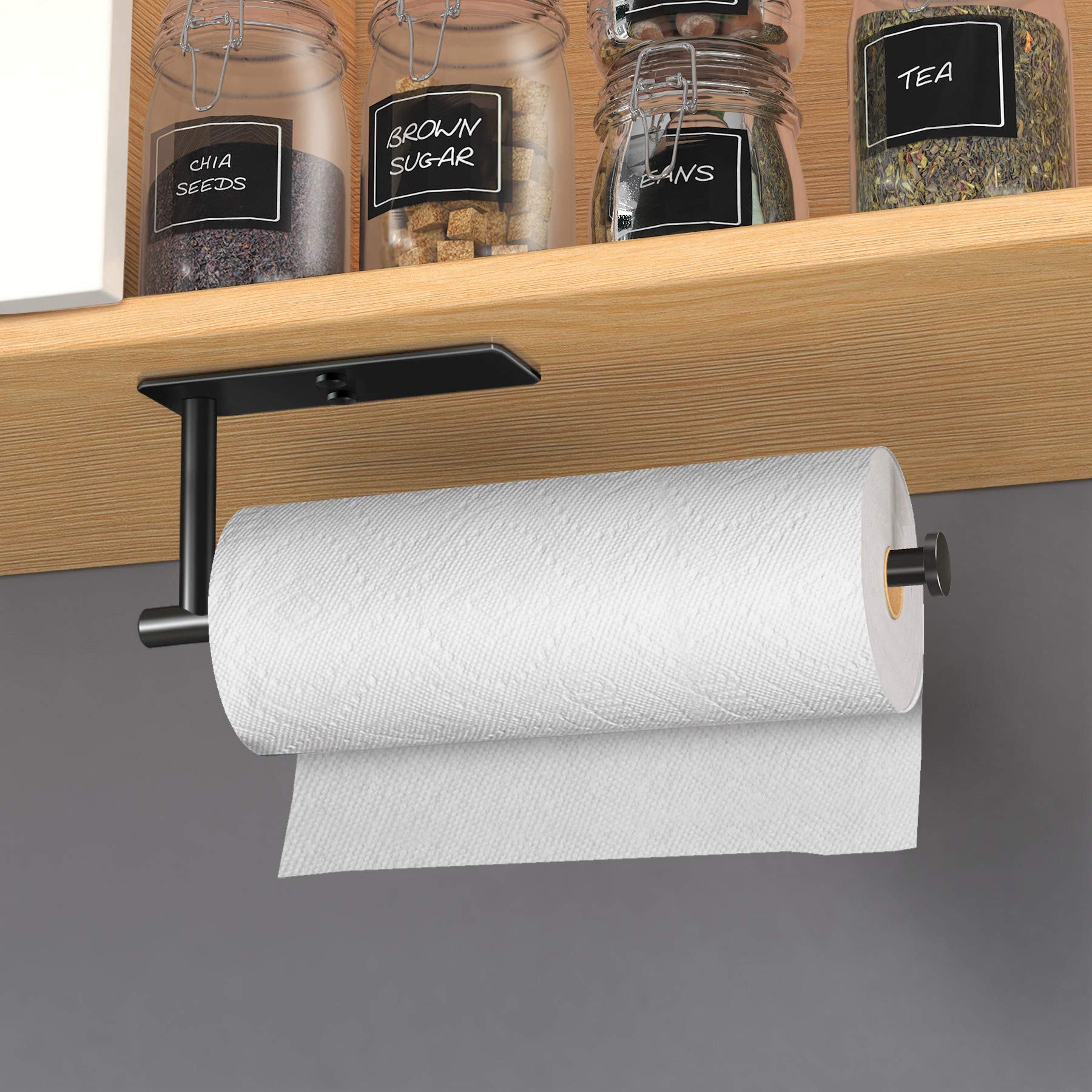 VAEHOLD Self-Adhesive Under Cabinet Paper Towel Holder - Wall Mount Stainless Steel Paper Towel Roll Rack for Kitchen & Bathroom - SUS304 Black | Space-Saving Solution for Small Kitchens & Compact Bathrooms