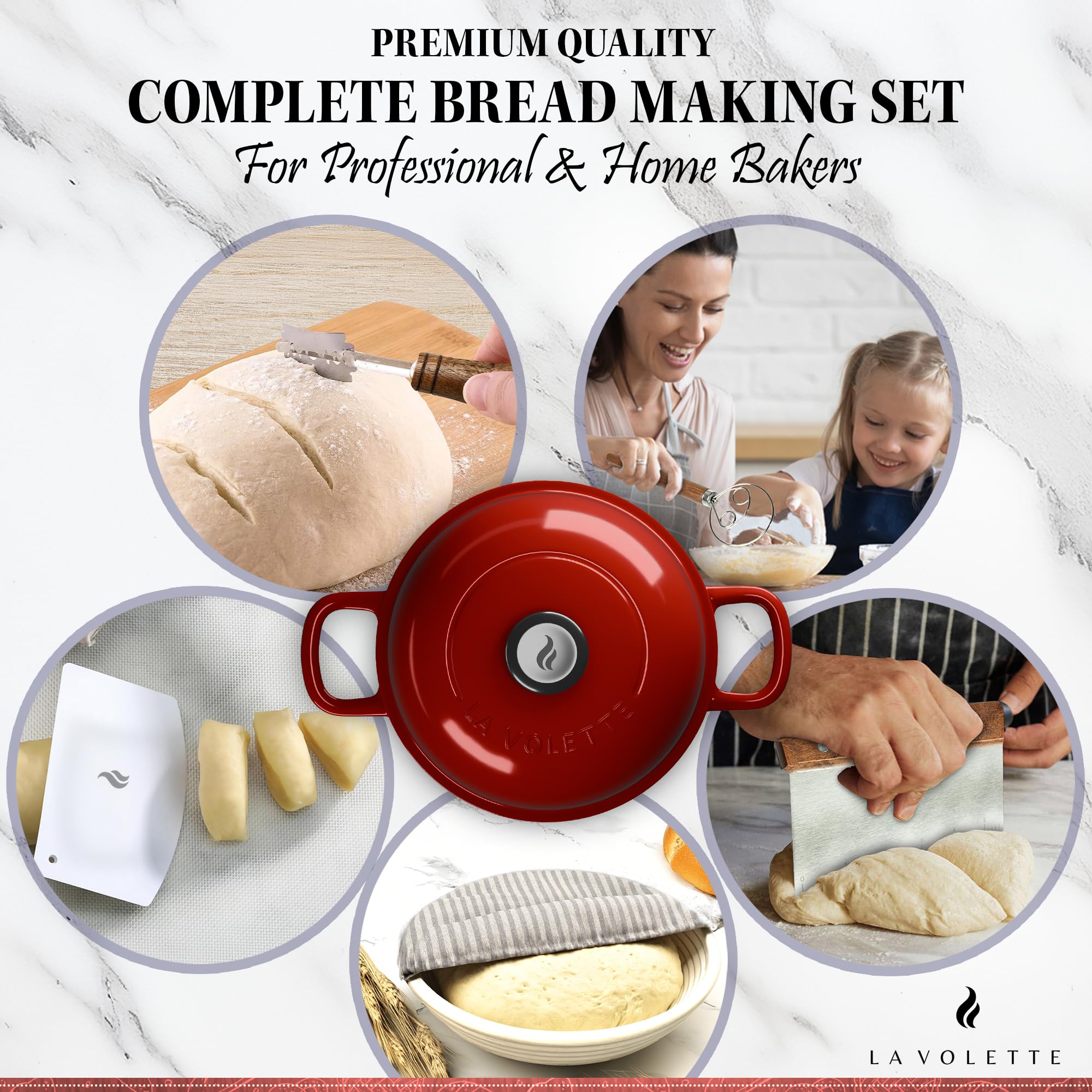 9-Piece Enameled Cast Iron Bread Baking Set with Lid – 10 Inch Dutch Oven, Silicone Mat & Banneton | 6 Quart Red Enameled Bread Pan | Perfect for Artisan Sourdough, No-Knead & Homemade Bread Baking