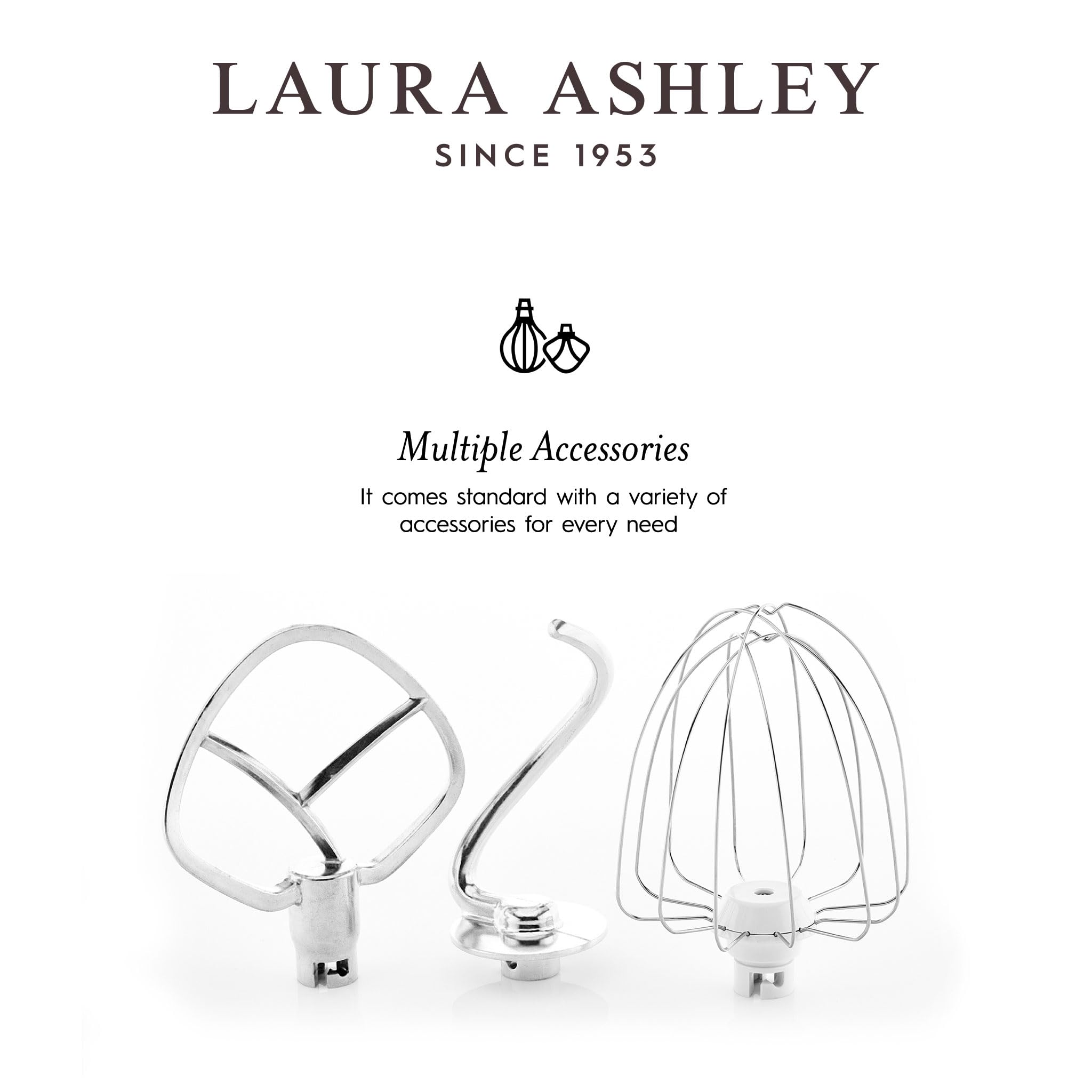 Laura Ashley 800W 6.3-Quart Electric Stand Mixer with 5 Attachments - Powerful Kitchen Mixer for Baking Cakes, Cookies & Dough - Includes Dough Hook, Beater, Egg Whisk & Splash Cover - Perfect for Home Bakers & Small Bakeries