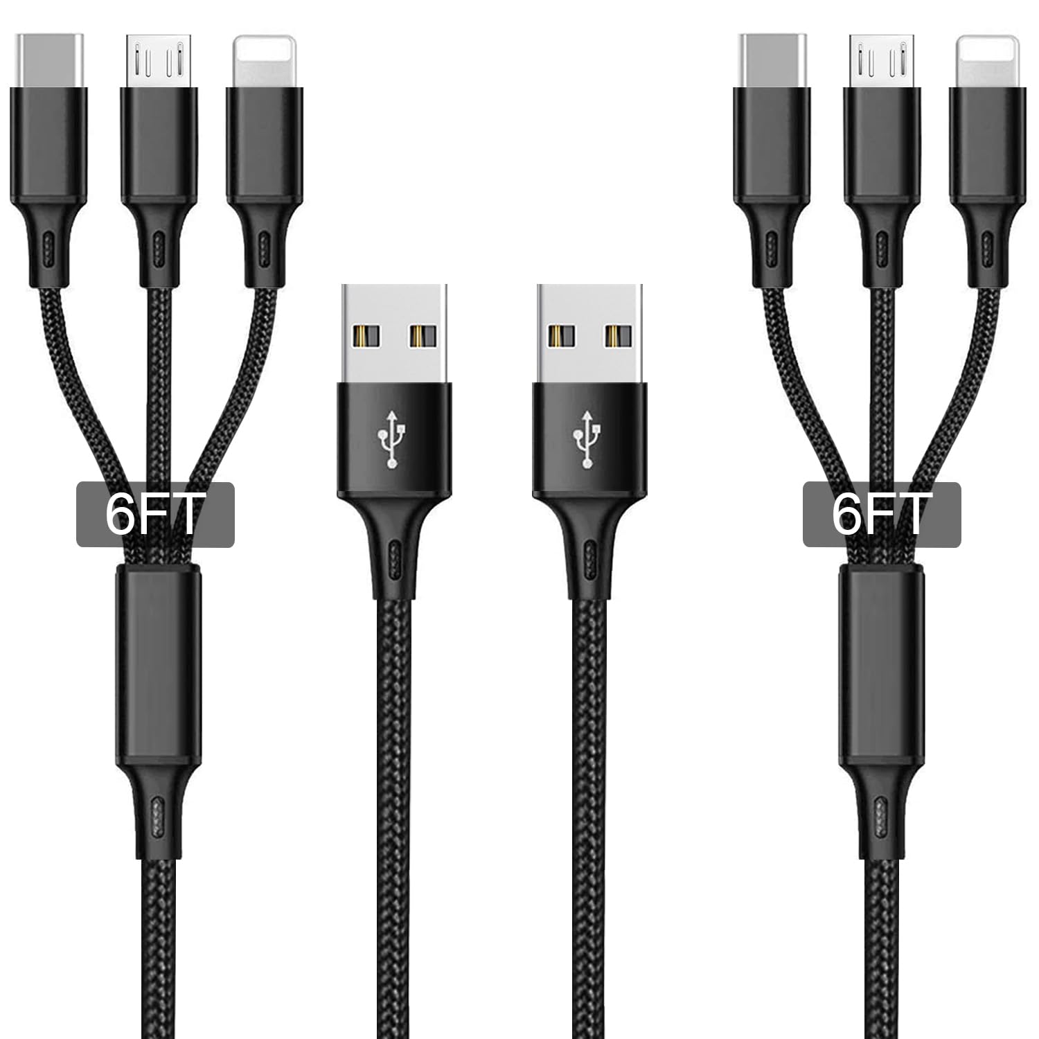 2-Pack 6.6FT Multi Charging Cable - 3A Fast Charging 3-in-1 Nylon Braided USB Cable (Micro USB/Type C/Lightning) for iPhone, Samsung, PS4, Tablet, Xiaomi - Perfect for Home, Office, Travel & Gaming (Black)