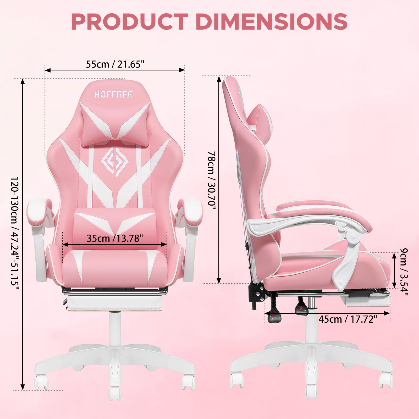 HOFFREE Pink Gaming Chair with Massage & Footrest - Ergonomic Computer Chair with Lumbar Support & Headrest - Reclining PC Gamer Chair for Women & Girls - Perfect for Gaming Setup, Home Office & Streaming Room