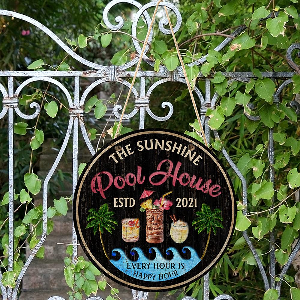 Custom Wood Circle Sign - Personalized Home Decor for Swimming Pool, Happy Hour & Lake House - Perfect Housewarming Gift, Birthday Present for Him - Ideal for Indoor & Outdoor Decoration