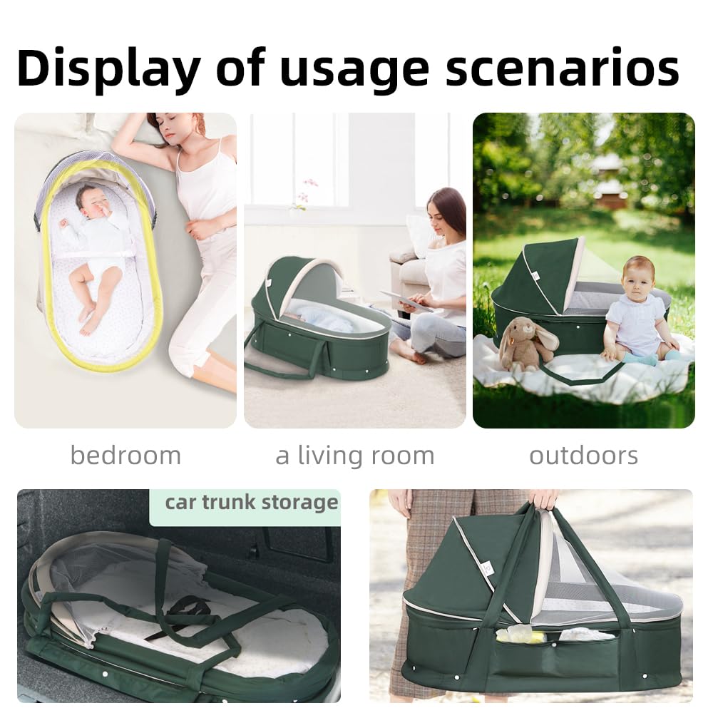 2-in-1 Portable Baby Travel Bassinet with Sunshade Cover - Foldable Newborn Sleeper Bed, Washable Dark Green Bassinet for Airplane & Car Travel | Perfect for Nursery, Camping & Family Trips
