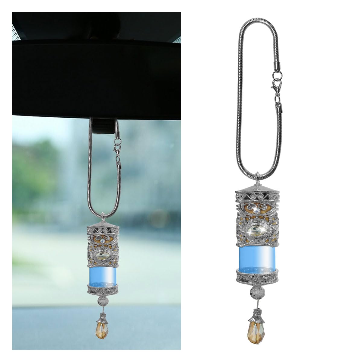Premium Refillable Car Air Freshener Diffuser - Essential Oil Perfume Pendant for Aromatherapy | Universal Hanging Car Decor Accessory | Perfect for Home, Office & Car Interior (Silver)