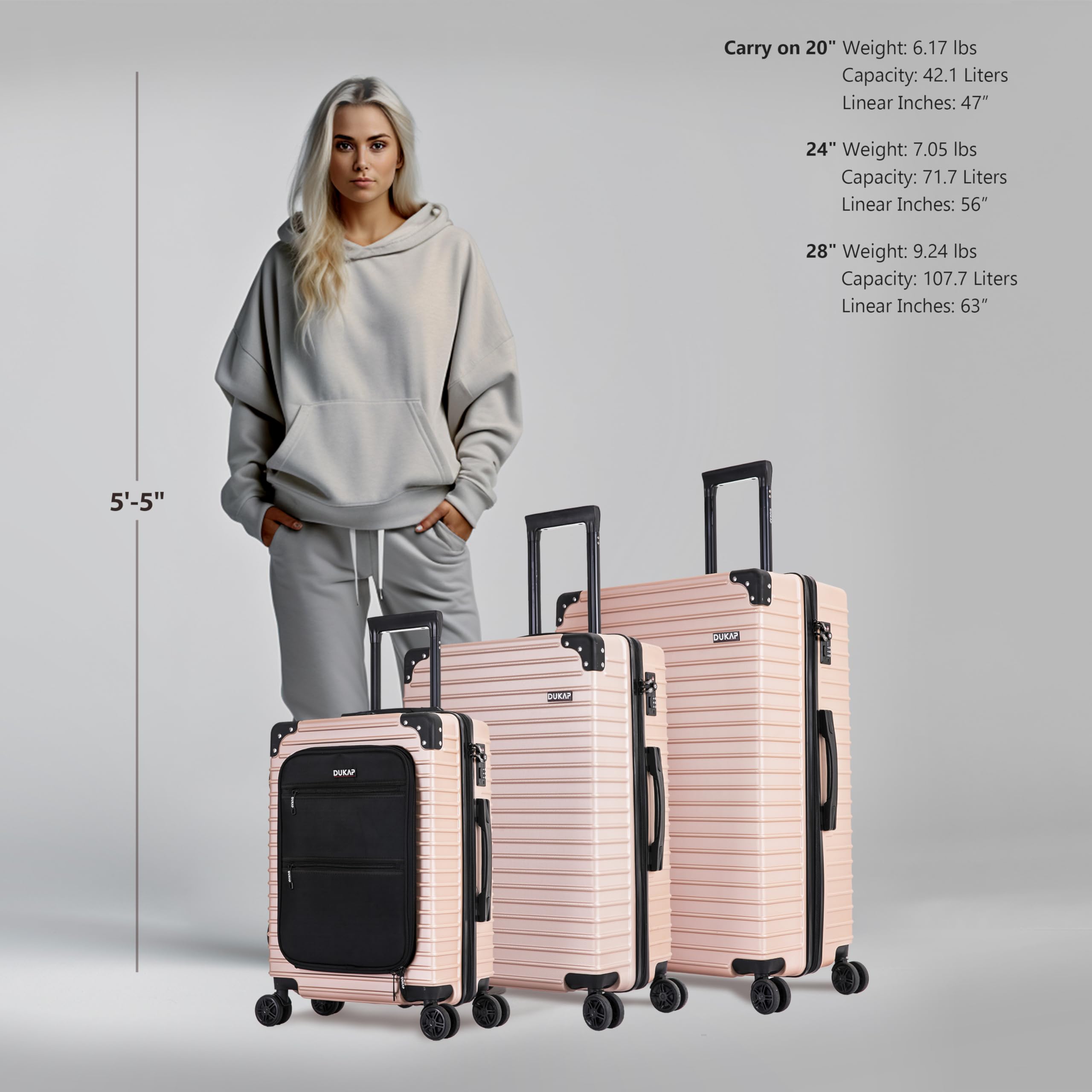 DUKAP TOUR Hardside Luggage Set with 360° Spinner Wheels | TSA Lock & Ergonomic GEL Handle Suitcases (20/24/28 Inch 3-Piece Set) | Lightweight Durable Travel Luggage for Airplane, Business Trips & Family Vacations | Champagne