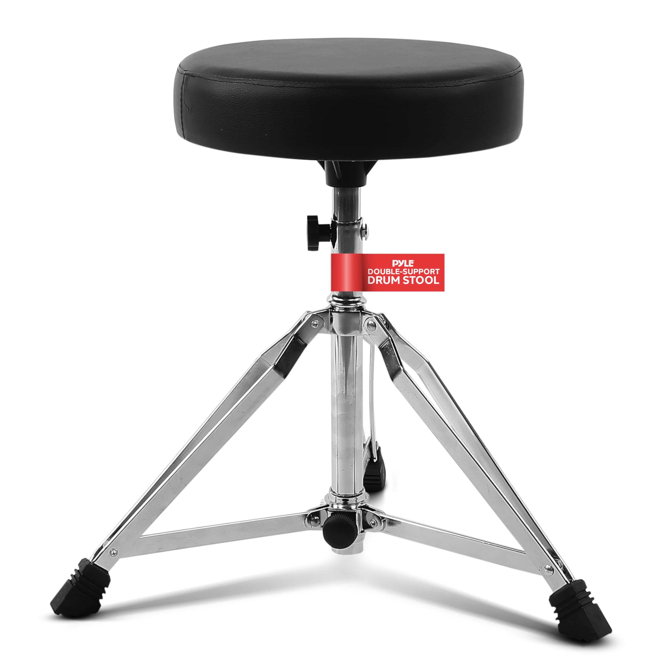 Pyle Adjustable Drum Throne Stool - Heavy Duty Double-Braced Tripod Base, Thick Foam Cushioned Seat, Non-Slip Rubber Feet, Foldable Steel Frame - Perfect for Drummers, Guitarists & Keyboard Players in Studio, Live Performances & Home Practice (21.25