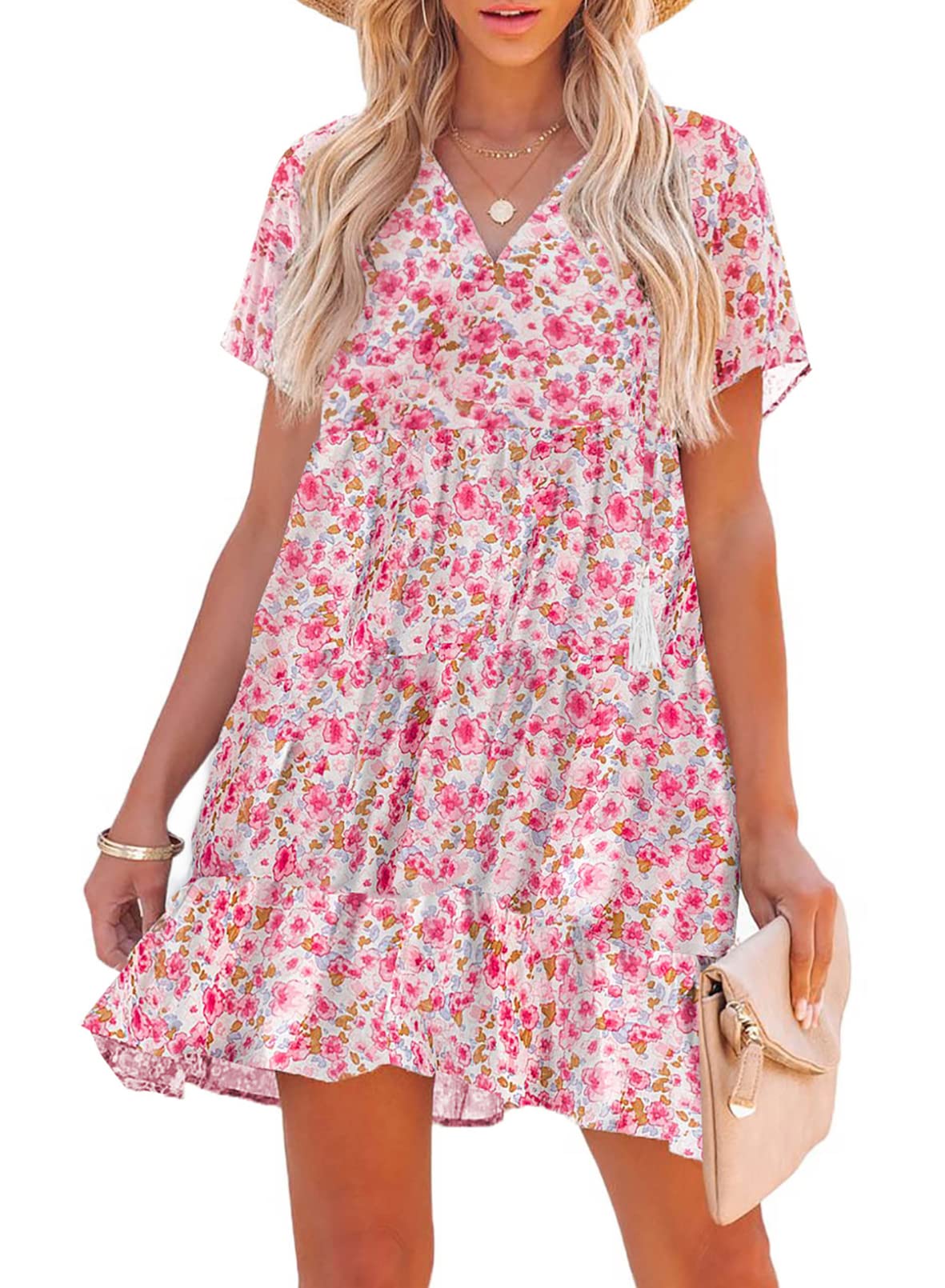 ASVIVID Women's Boho Summer Floral Dress - Casual V-Neck Ruffle Mini Dress with Short Sleeves, A-Line Swing Dress for Beach, Vacation & Outdoor Parties