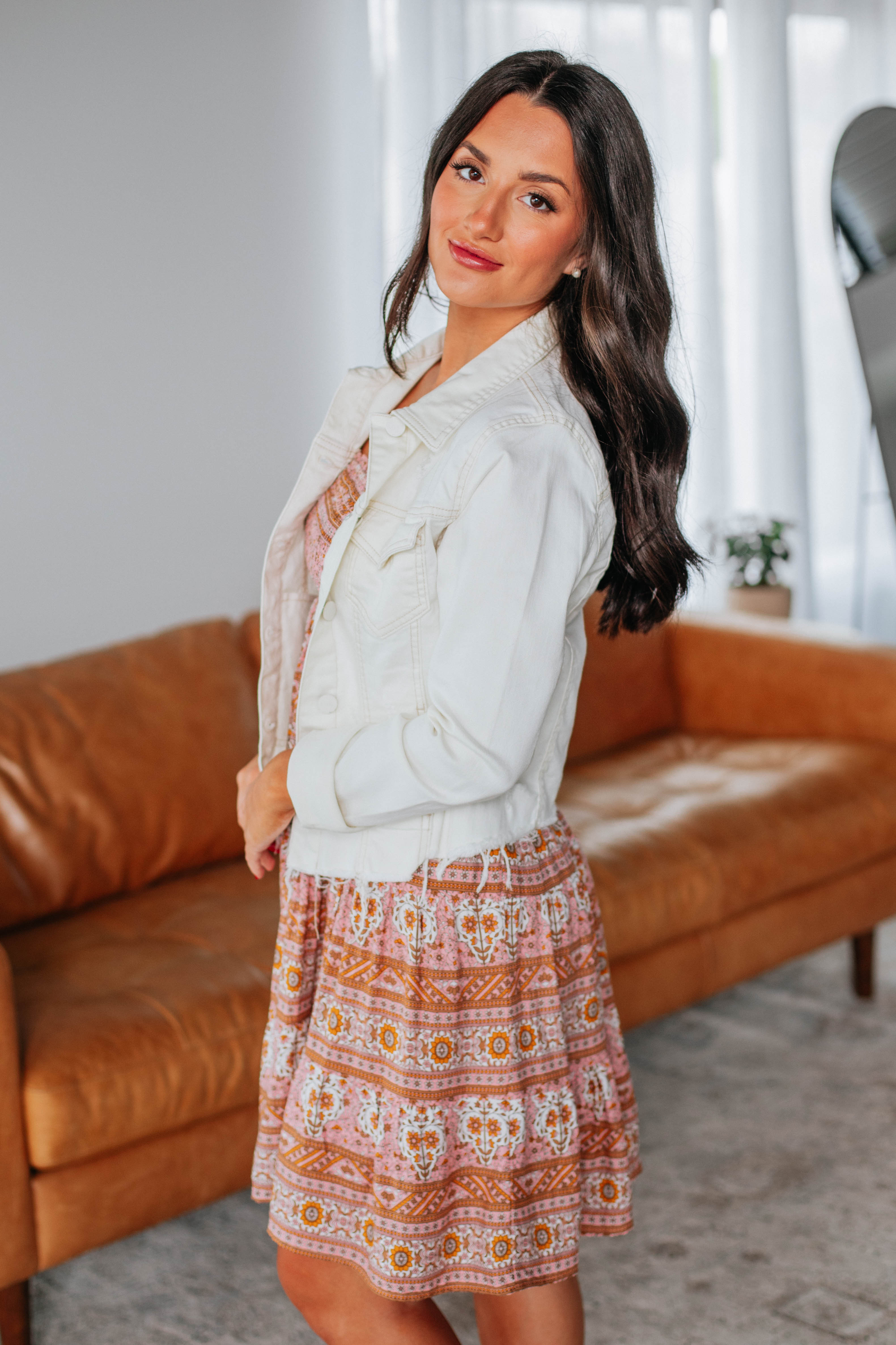 Gemma Risen Women's Denim Jacket in Cream - Stylish Lightweight Distressed Denim Coat for Casual Outfits & Spring Layering