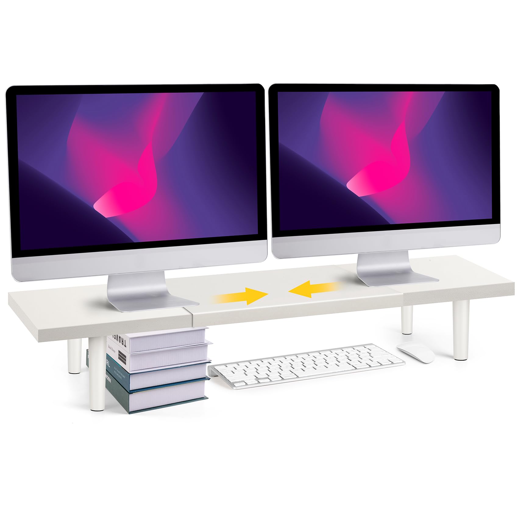 Adjustable Dual Monitor Stand Riser for Desk (32-40 Inch) - Large Computer Monitor Shelf for 2 Screens - Ergonomic Desk Organizer for Computer, Laptop, PC, Printer & TV - Perfect for Home Office, Gaming Setup & Workspace Organization (White)