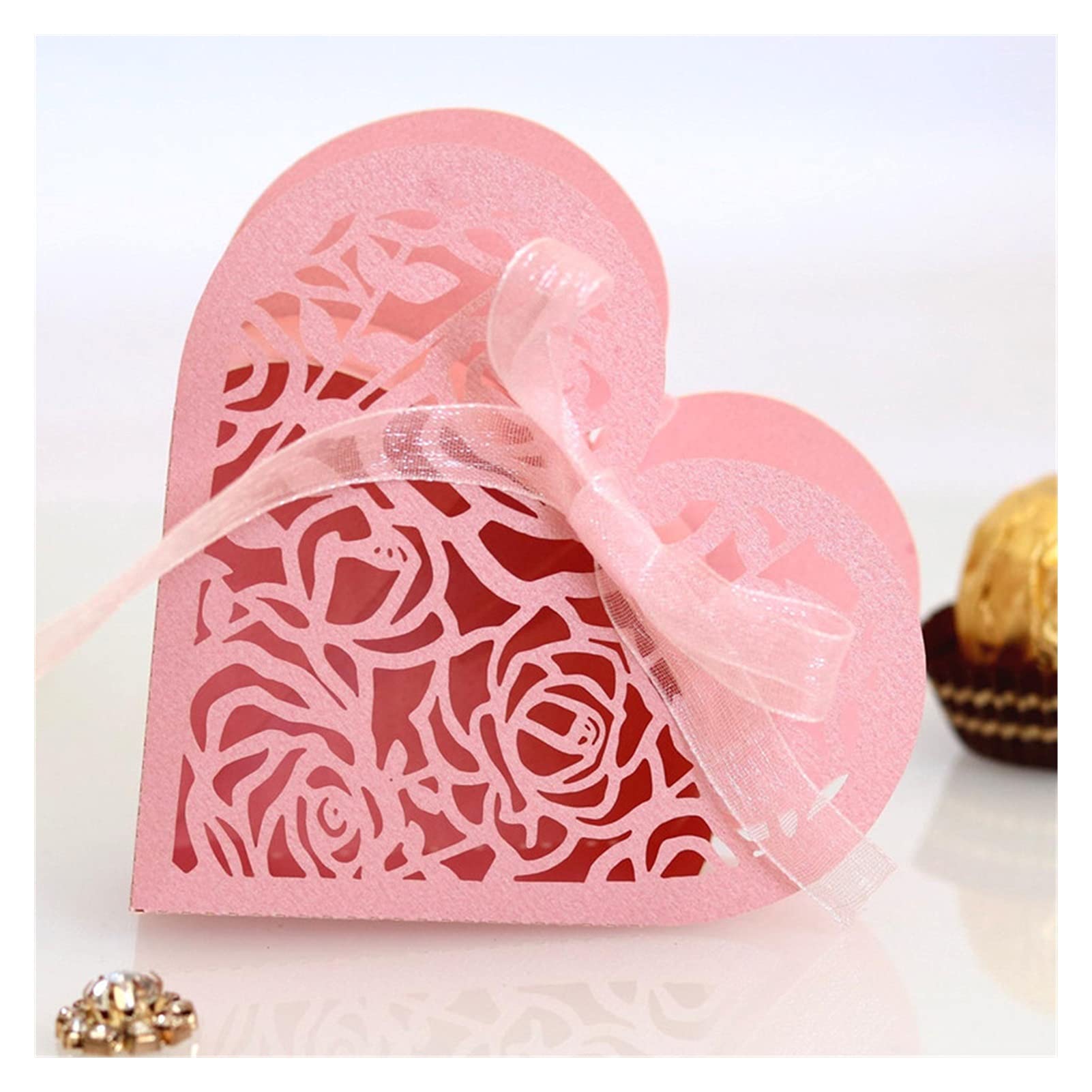 50pcs Romantic Heart-Shaped Laser Cut Favor Boxes with Ribbon - Pink Rose Design (9x8x3cm) Perfect for Wedding Favors, Baby Shower Gifts, Candy Packaging & Party Decorations