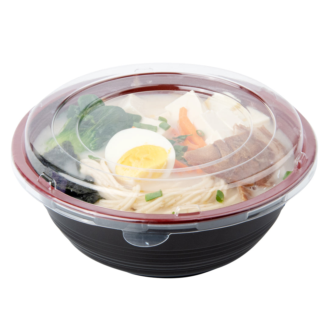 34oz Large Asian Panda Bowl with Clear Lid - Round Black & Red Plastic Microwave-Safe Food Storage Container (7.25