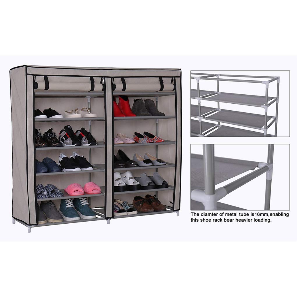 6-Tier Stackable Shoe Rack with Nonwoven Fabric Cover - Expandable & Adjustable Double Row Shoe Storage Organizer - Space Saving Closet & Entryway Organizer (Gray) - Fast Delivery in 1 Week