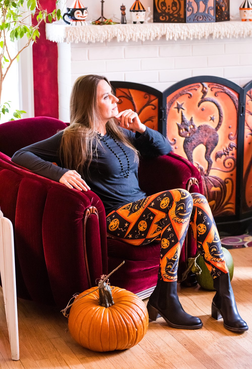 Grinning Jack Orange Vintage Cat Leggings - Johanna Parker Exclusive High-Quality Halloween & Cosplay Tights for Women
