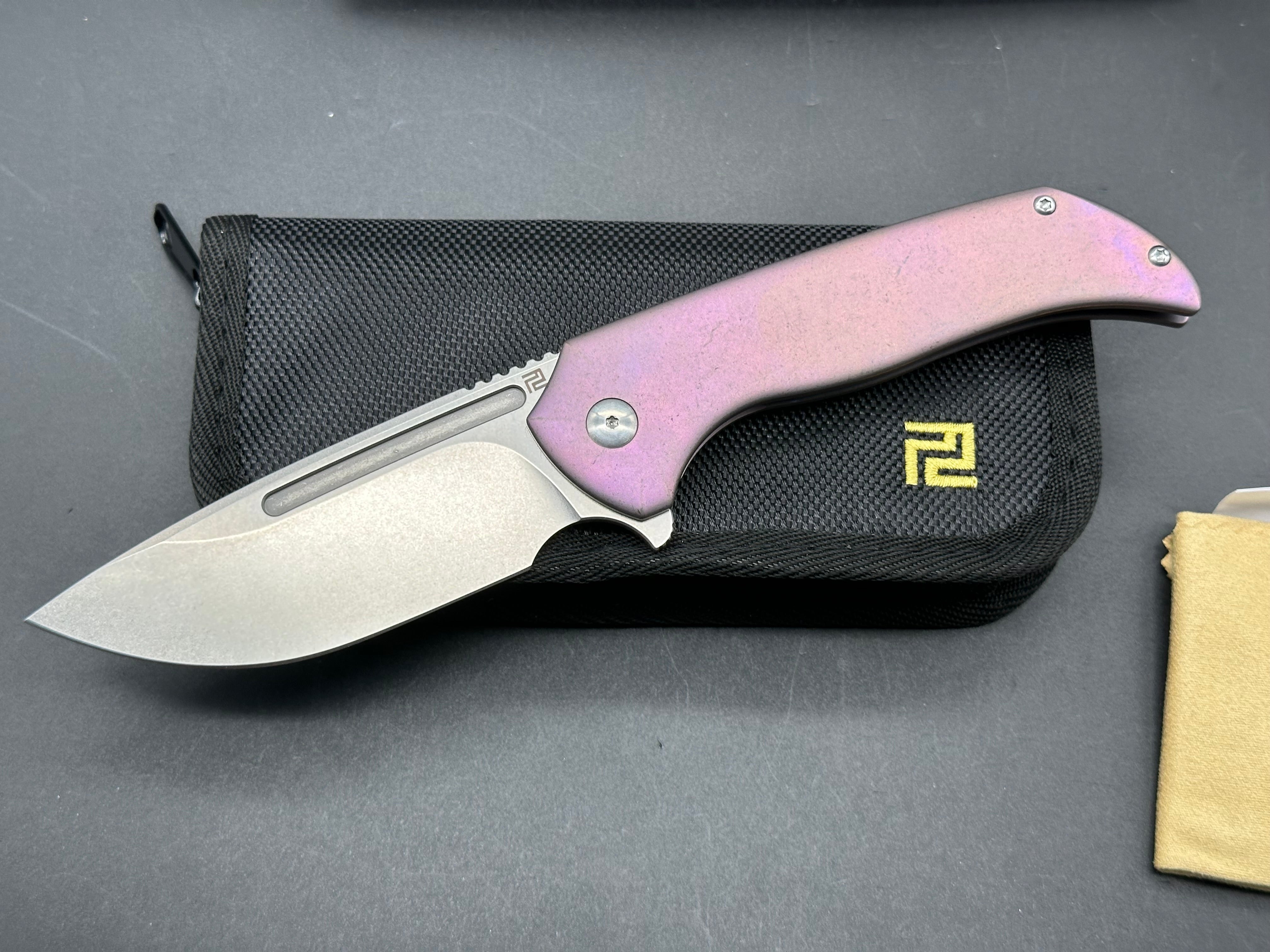 Premium Artisan Trux Frame Lock Folding Knife - Purple Titanium Handle, 3.61