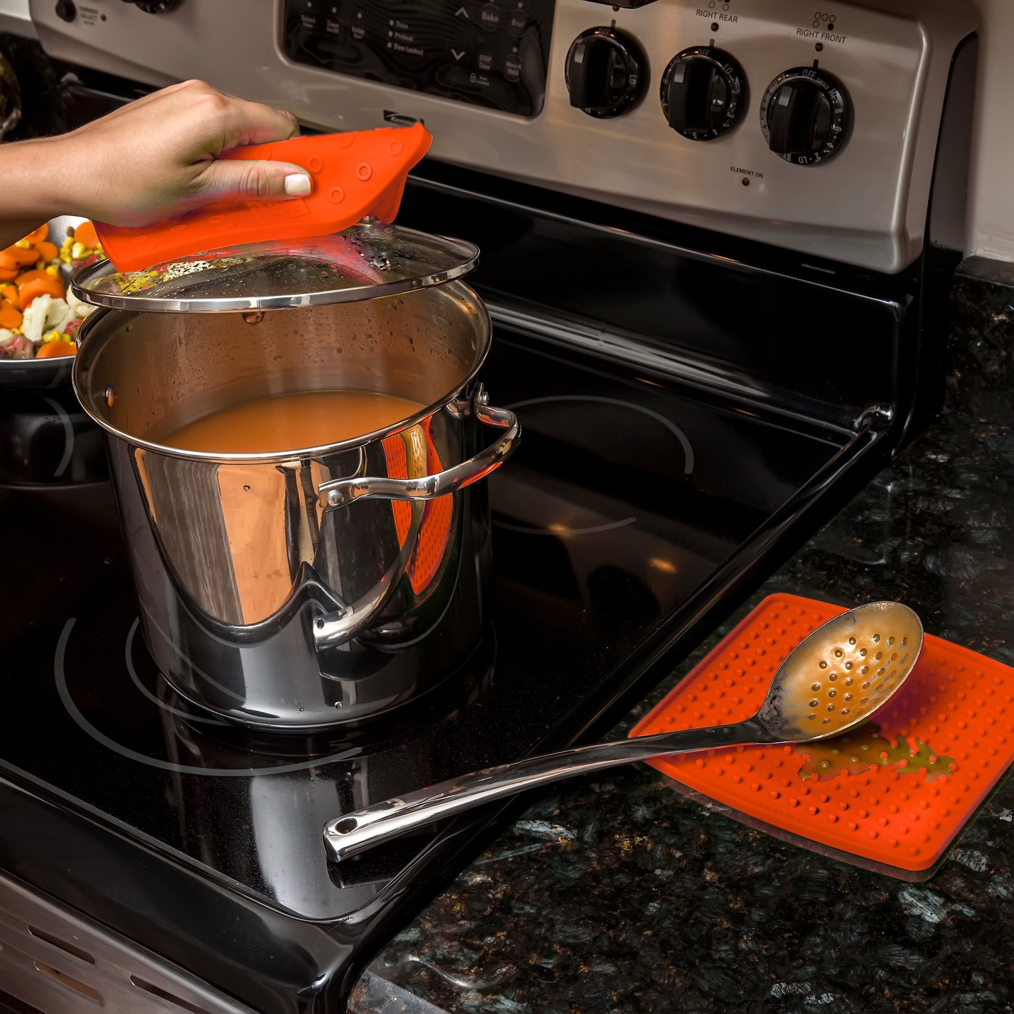 Premium Silicone Pot Holders - Heat Resistant Kitchen Trivets for Hot Pans (7x7in, Orange Pair) - Perfect for Baking & Cooking Safety
