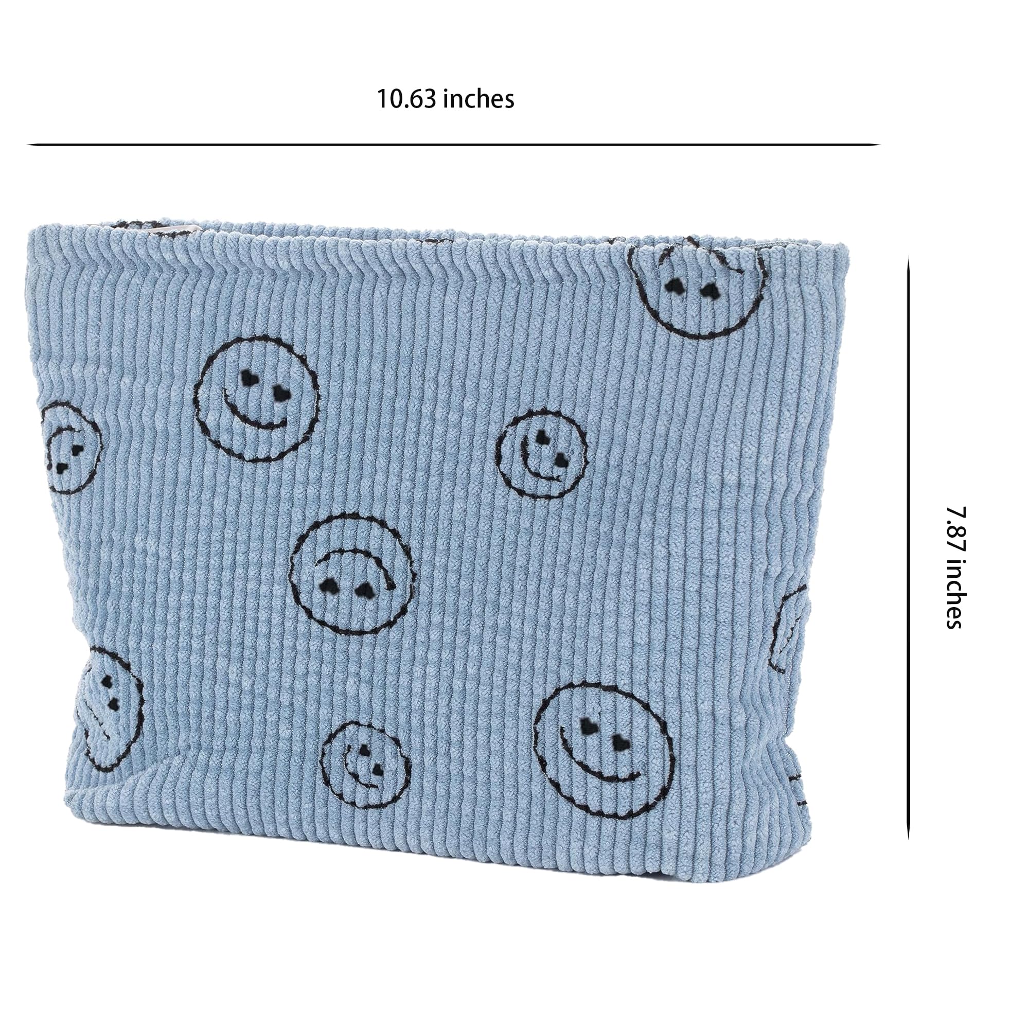 Stylish Corduroy Cosmetic Bag for Women - Cute Smiley Face Makeup Organizer, Travel Toiletry Pouch (Blue) | Perfect for Daily Use, Travel & Gift Giving