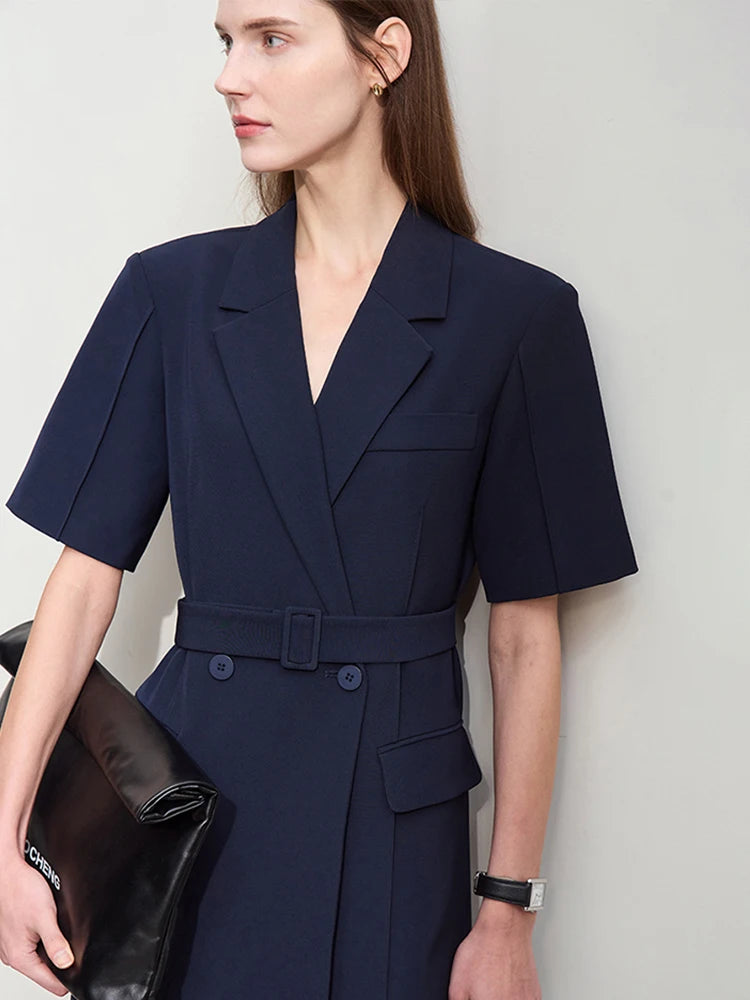 Elegant Minimalist Blazer Dress for Women - Spring New Turn Down Collar Belted Short Sleeve Pleated Dress | Office Wear, Cocktail Party, Business Casual Outfit