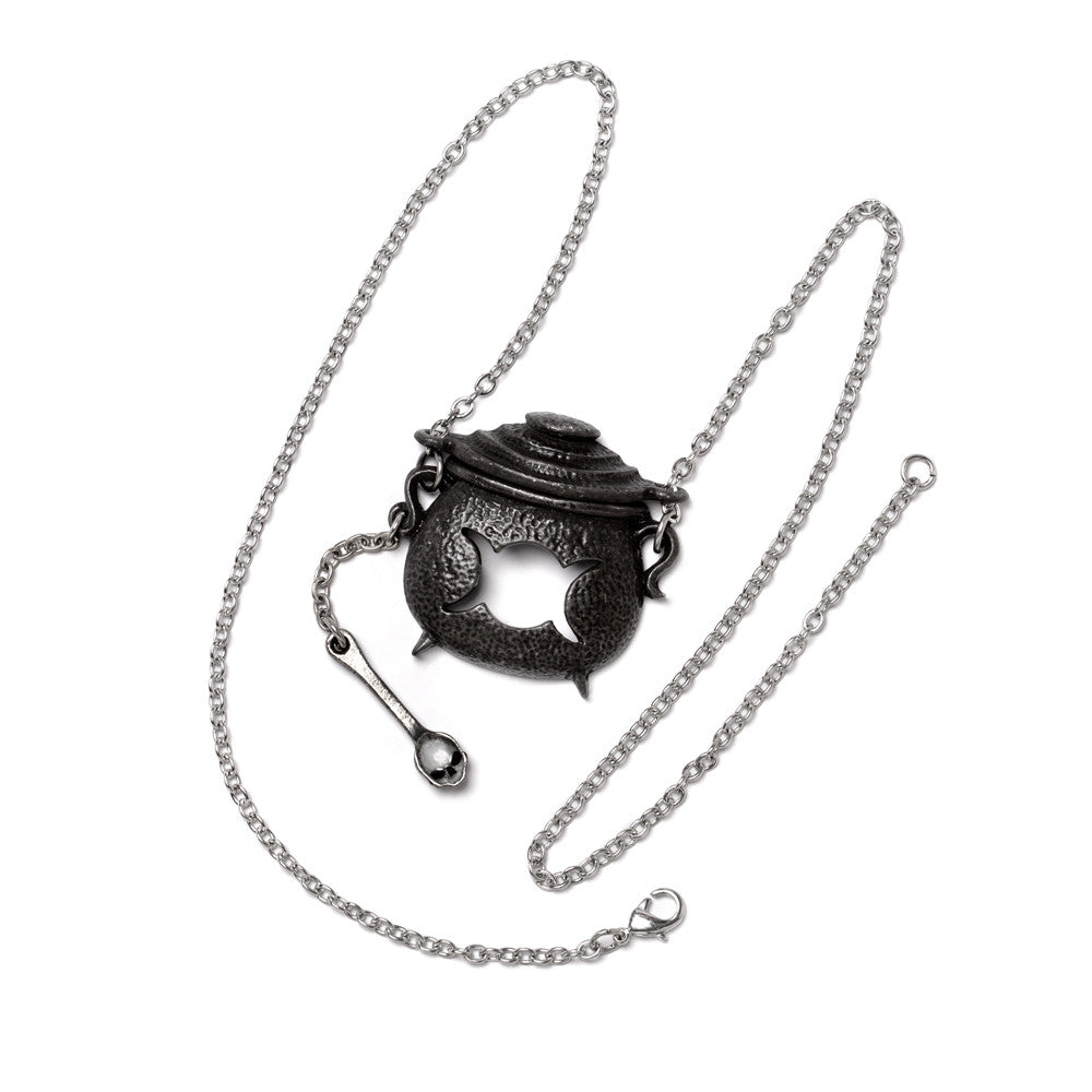 Gothic Black Cauldron & Skull Spoon Pendant Necklace - Perfect for Halloween, Witchy Aesthetic & Dark Fashion Jewelry Lovers